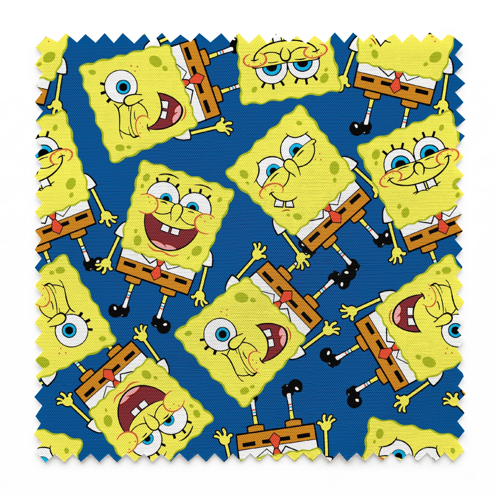SpongeBob SquarePants pattern featuring various expressions on blue background springs swatch pinked