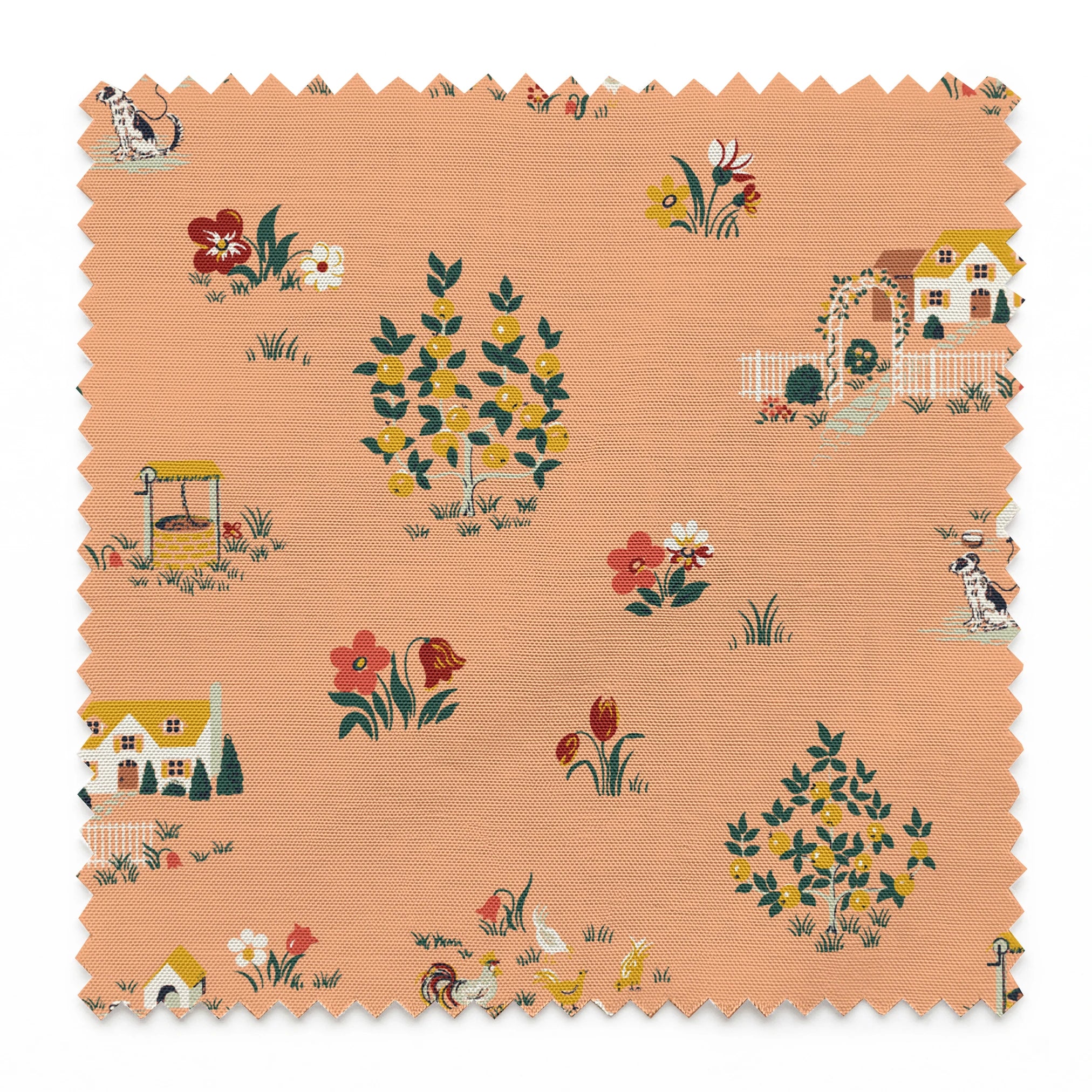 Vintage cottage scene design with houses, flowers, and animals on a peach background from the Springs Archive springs swatch pinked