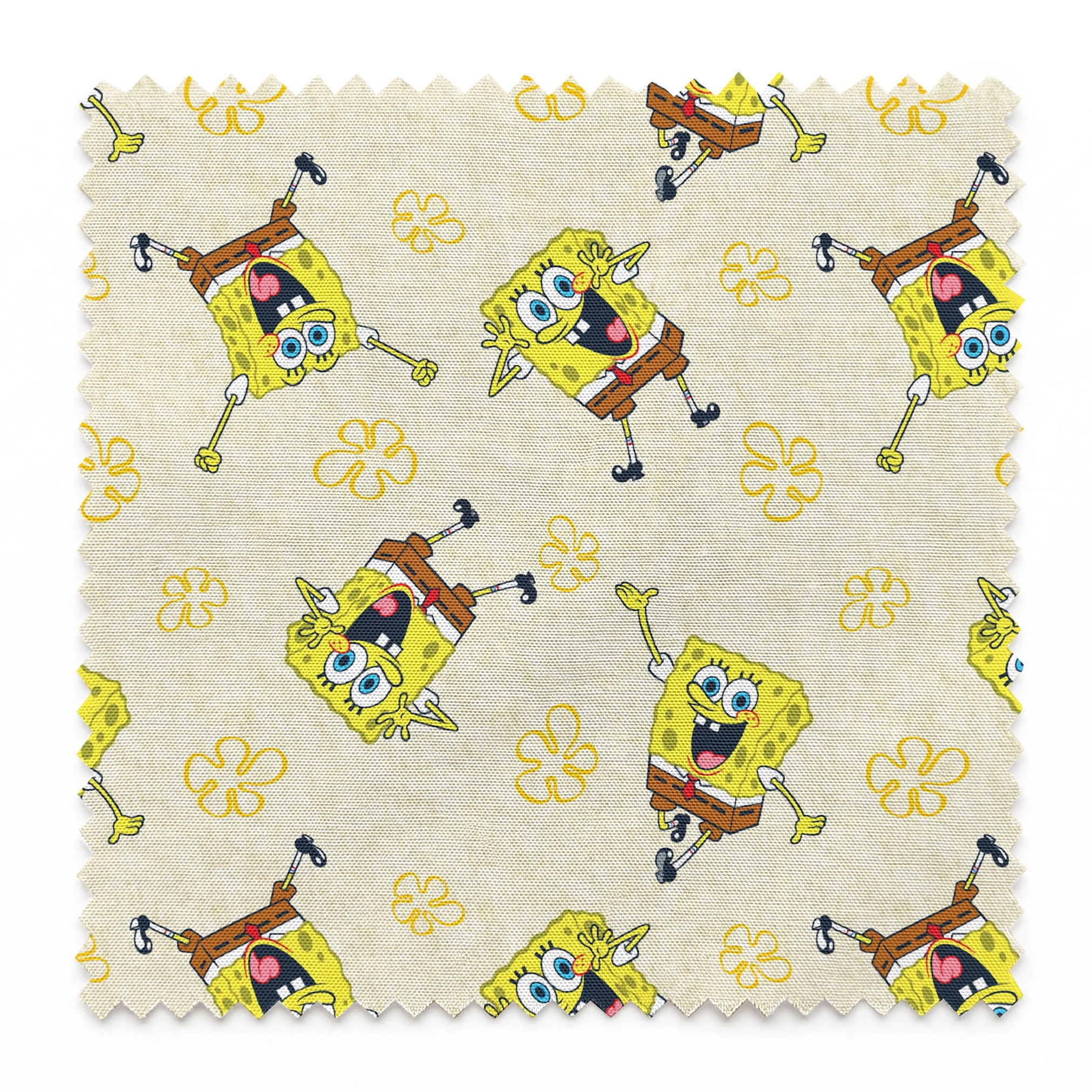 Repeating pattern of SpongeBob SquarePants characters on light yellow background with yellow flowers springs swatch pinked