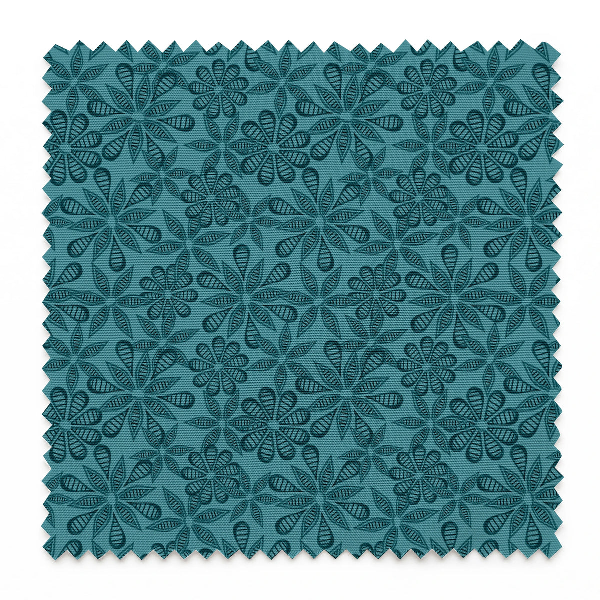 Outlined floral pattern in dark teal on a lighter teal background by Nicole Tamarin. springs swatch pinked