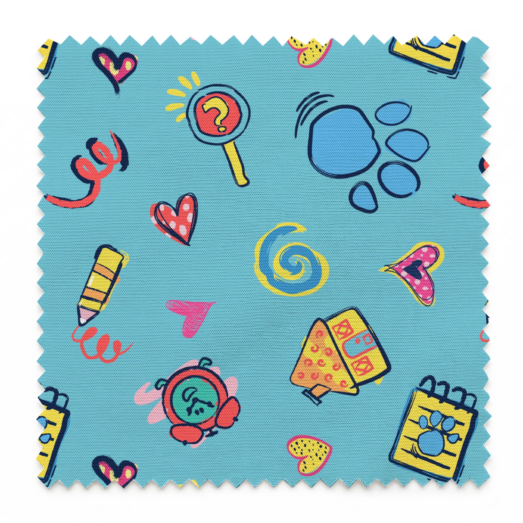 Blue’s Clues doodle-style pattern featuring paw prints, a crayon, spiral notebook, hearts, and magnifying glass on a light blue background. springs swatch pinked