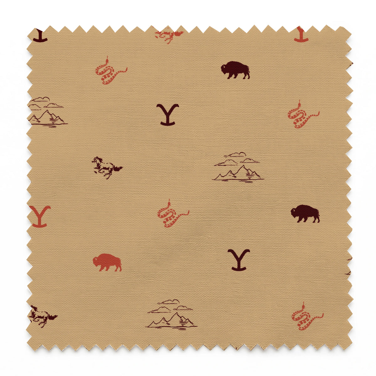 Yellowstone ranch icons with “Y” brand, bison, horses, mountains, and snakes in a Western-inspired design. springs swatch pinked