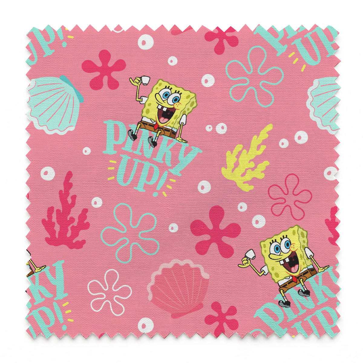 SpongeBob holding a teacup with “Pinky Up!” text, surrounded by sea shells, coral, and flower shapes on a pink background. springs swatch pinked