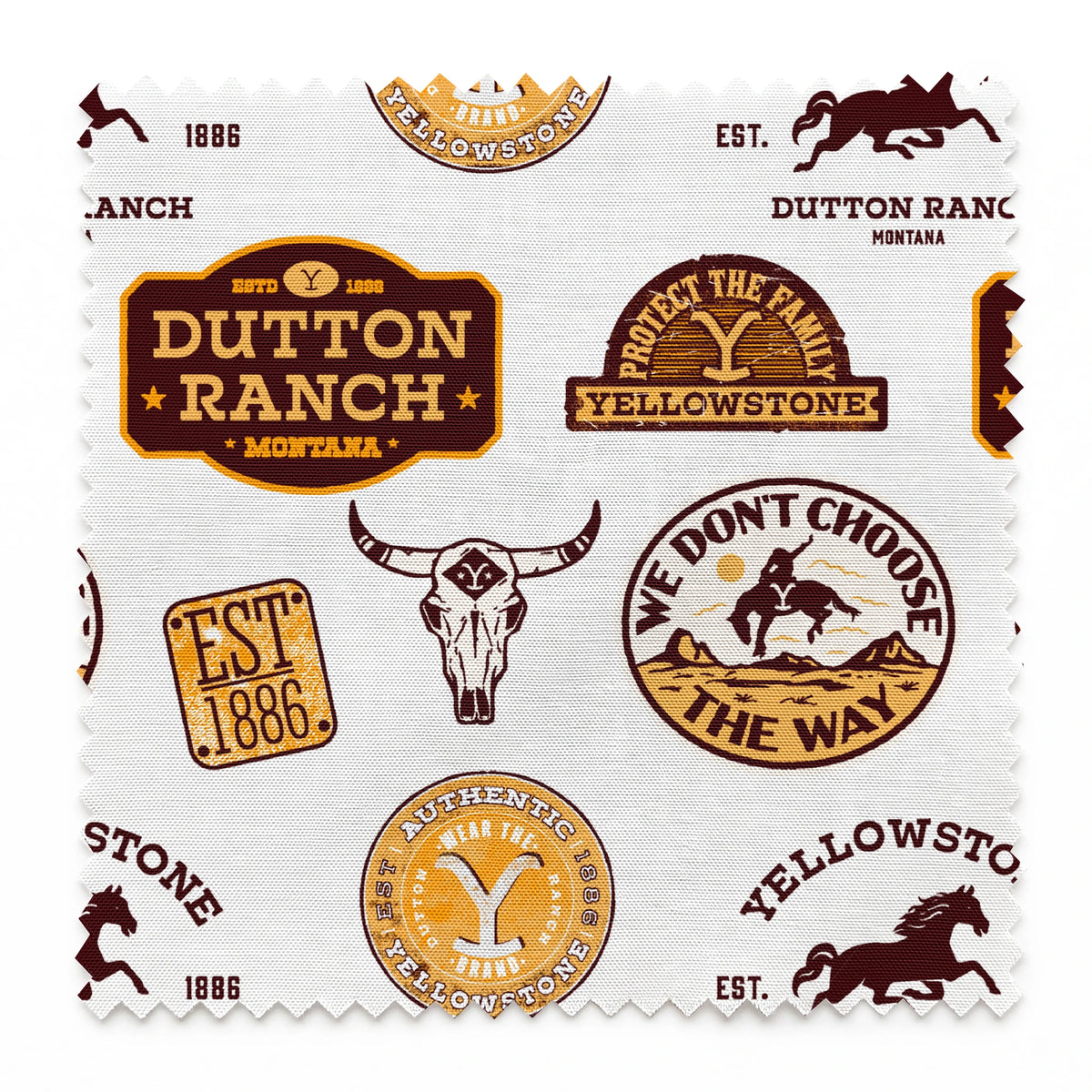 Western patch-style design featuring Dutton Ranch and Yellowstone badges in rustic tones. Great for quilting, crafts, and cowboy-inspired decor. springs swatch pinked