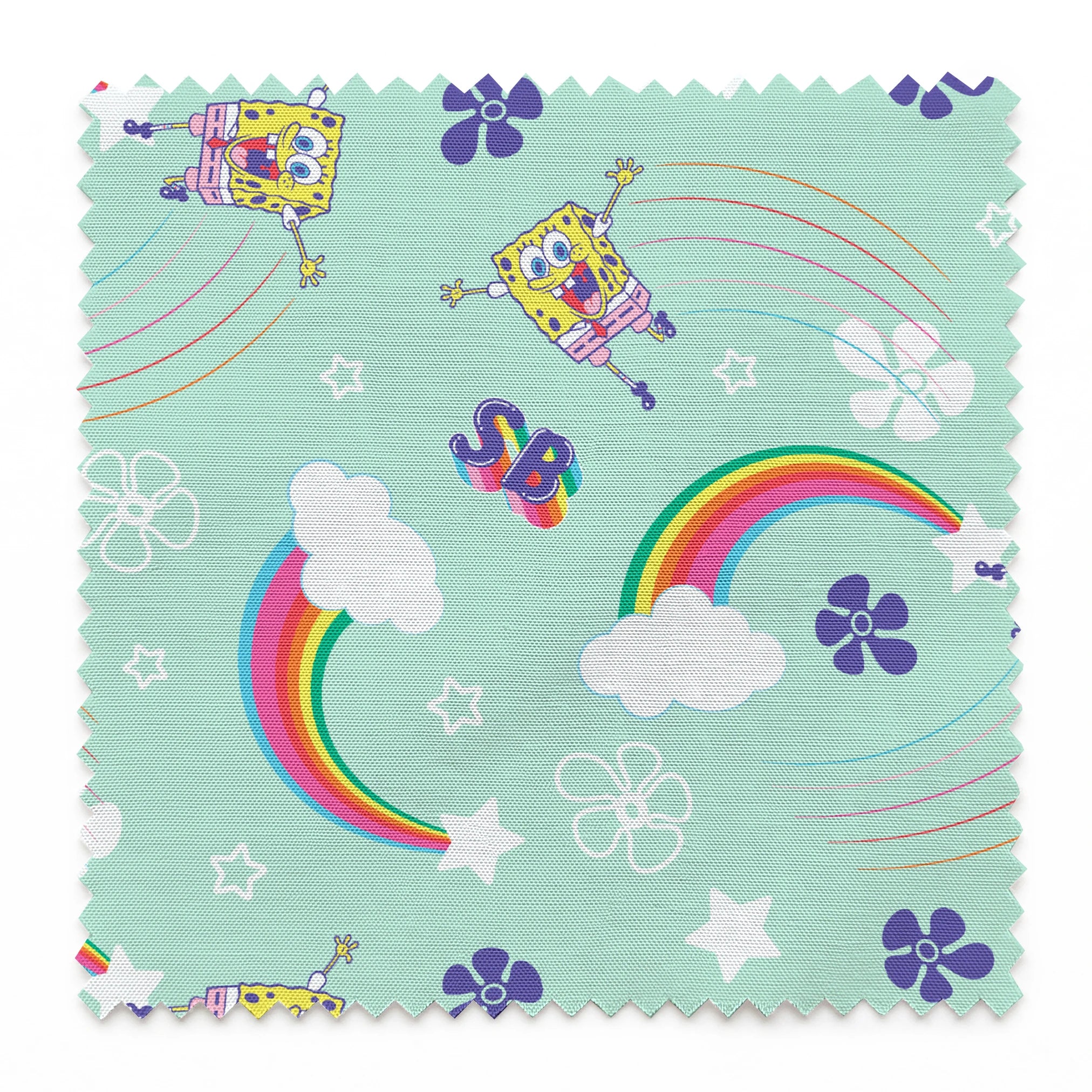 SpongeBob flying over rainbows with clouds, stars, and floral icons on a mint green background in a cheerful cartoon-style Nickelodeon design springs swatch pinked
