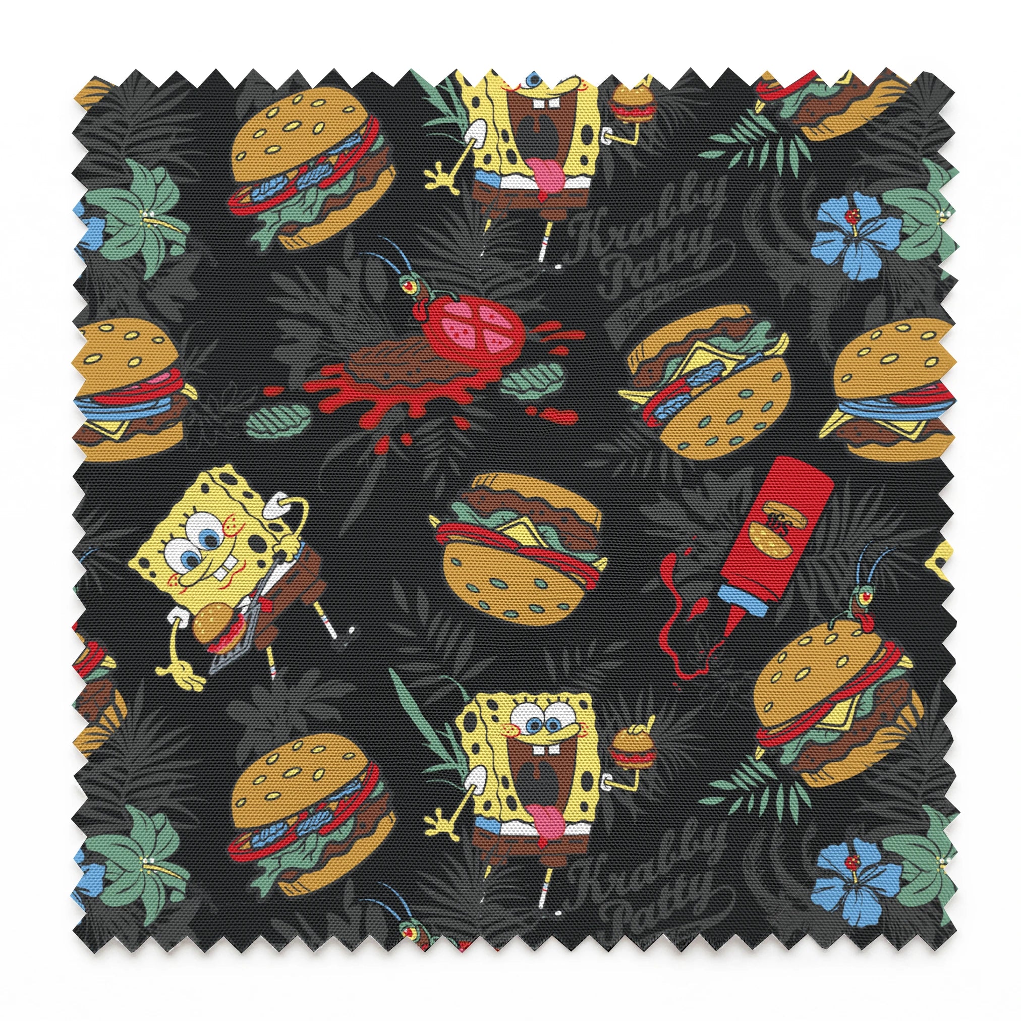 SpongeBob, Plankton, and Krabby Patties with tropical leaves and flowers on a black background in a bold character-themed design. springs swatch pinked