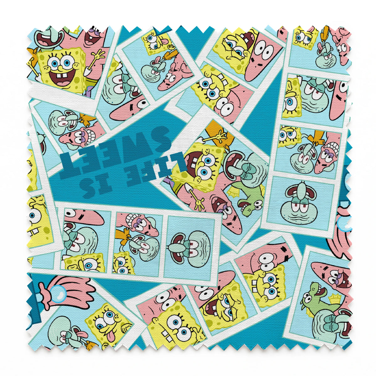 Photobooth-style SpongeBob SquarePants design featuring cartoon snapshots of SpongeBob, Patrick, and Squidward with “Life is Sweet” text on a blue background. springs swatch pinked