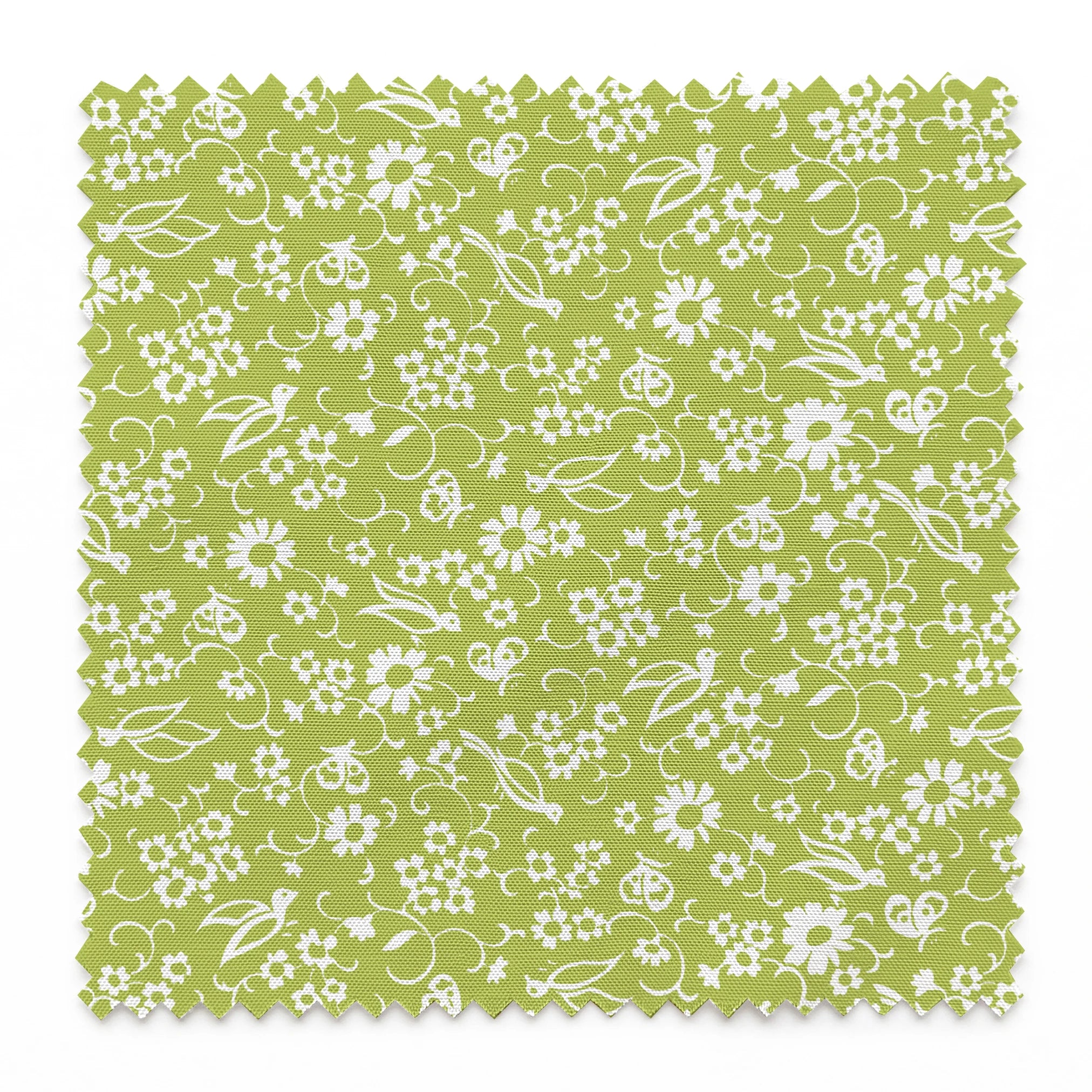 White bird and floral pattern on a vibrant lime green background. springs swatch pinked