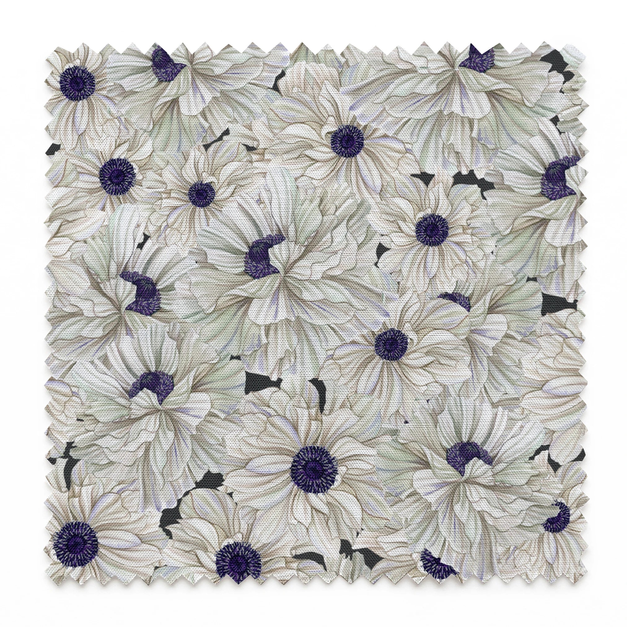 Ivory and indigo packed floral pattern with detailed petal textures and clustered blooms. springs swatch pinked