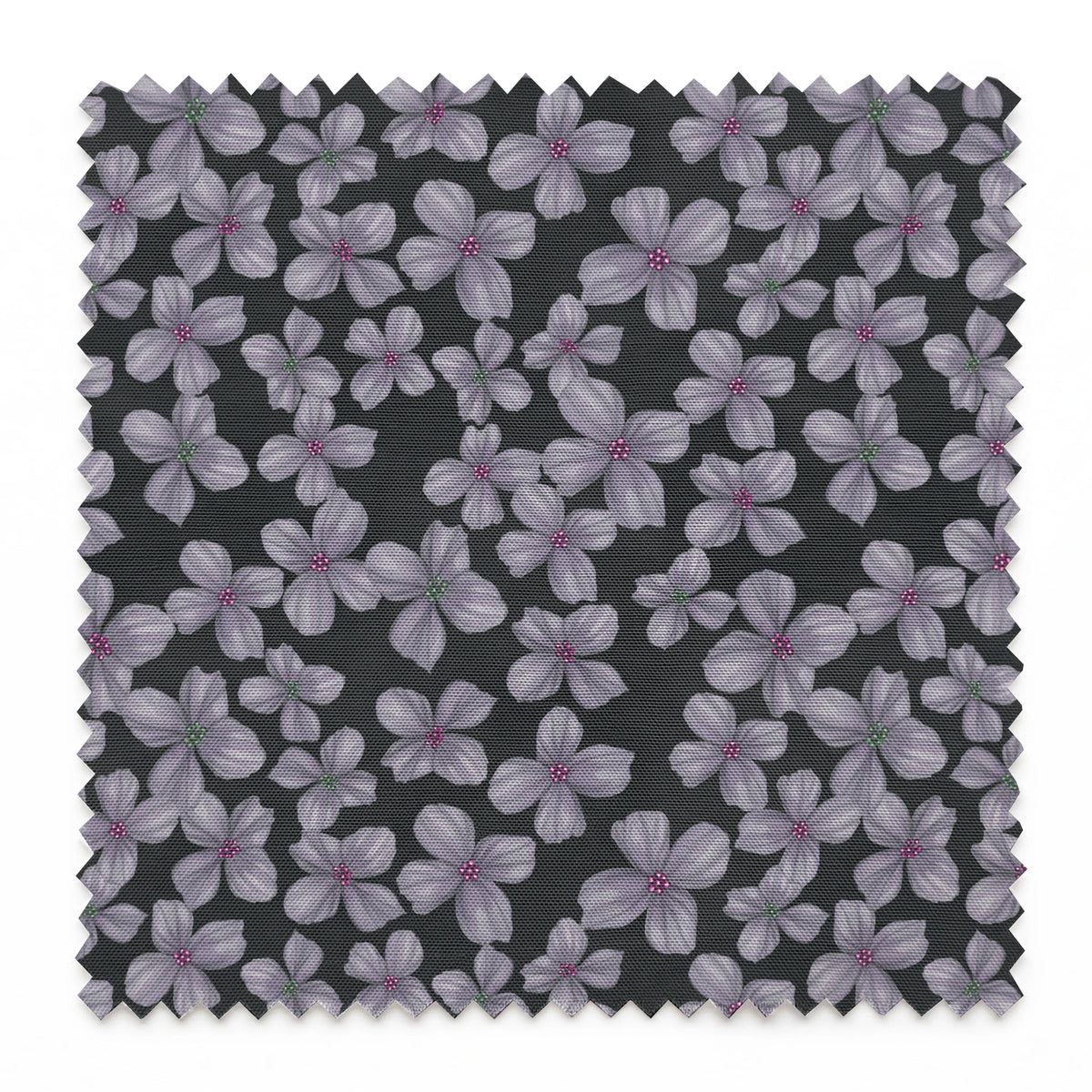 Hand-drawn purple flowers scattered on a charcoal background, designed by Nicole Tamarin. springs swatch pinked