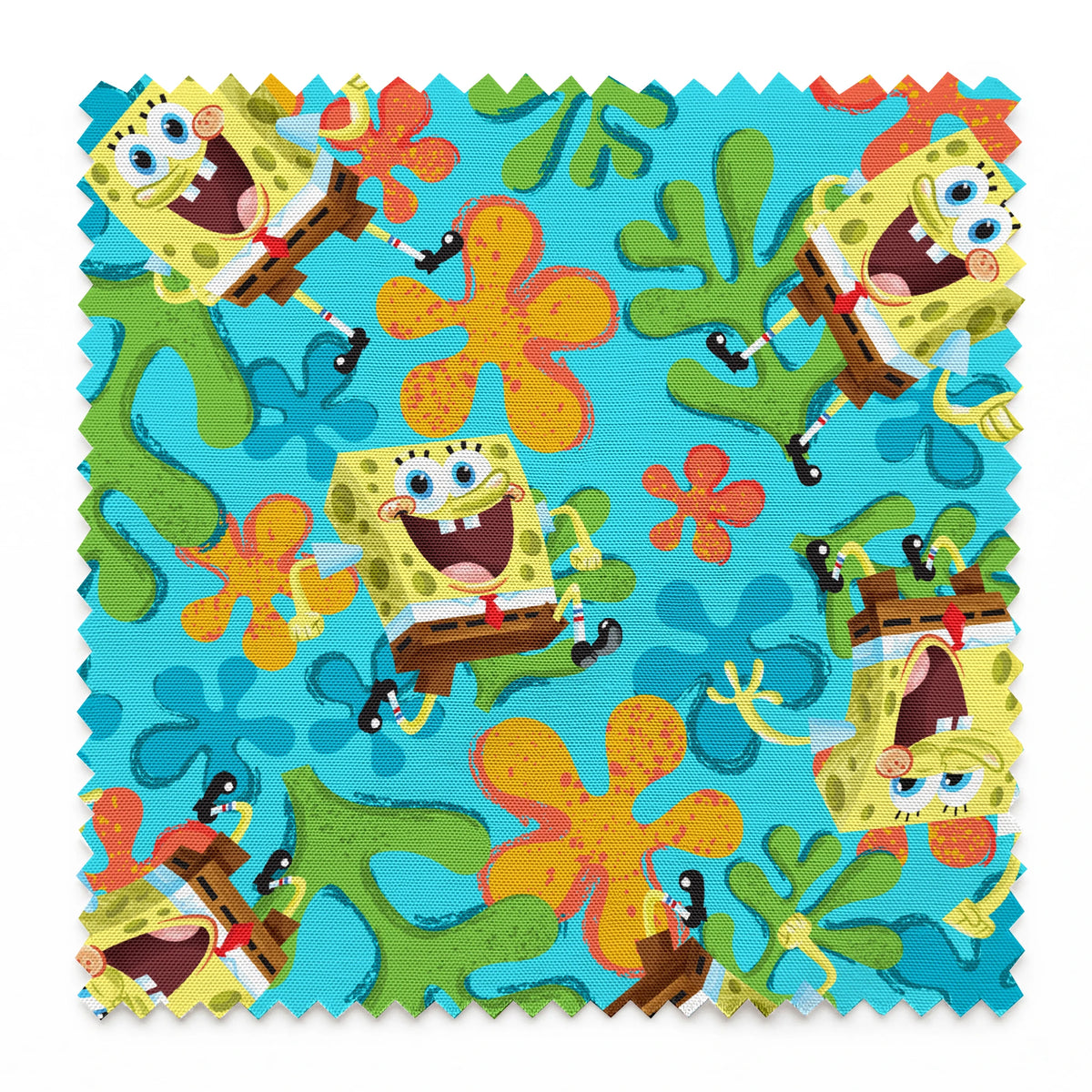 SpongeBob SquarePants pattern with colorful orange and blue flowers on turquoise background springs swatch pinked
