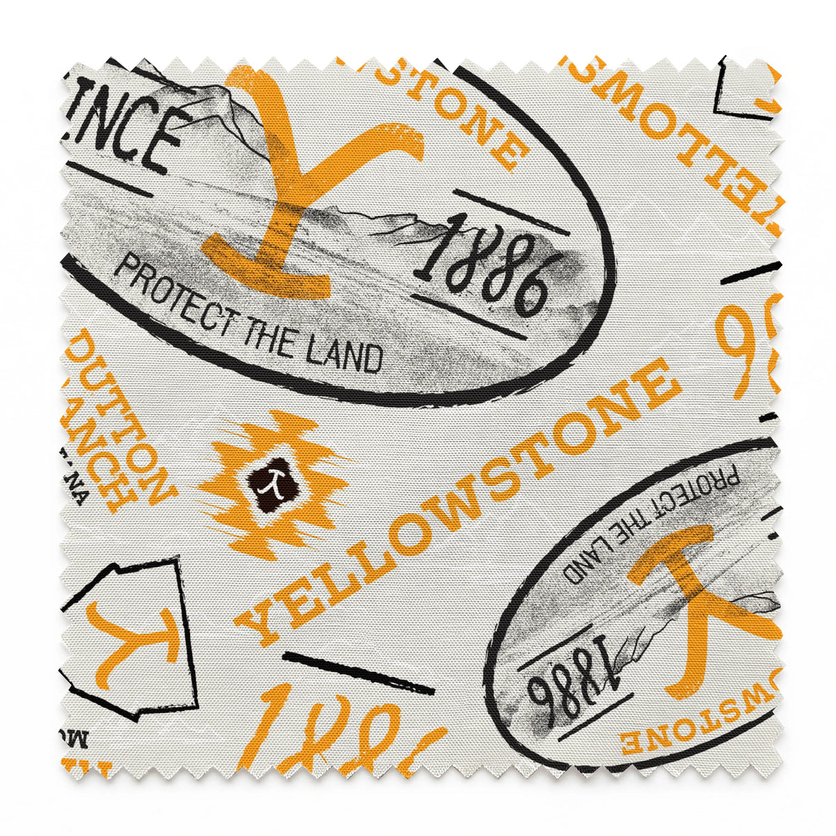Yellowstone-themed design with black and gold badge graphics, “Protect the Land” text, and Dutton Ranch icons on a cream background. springs swatch pinked