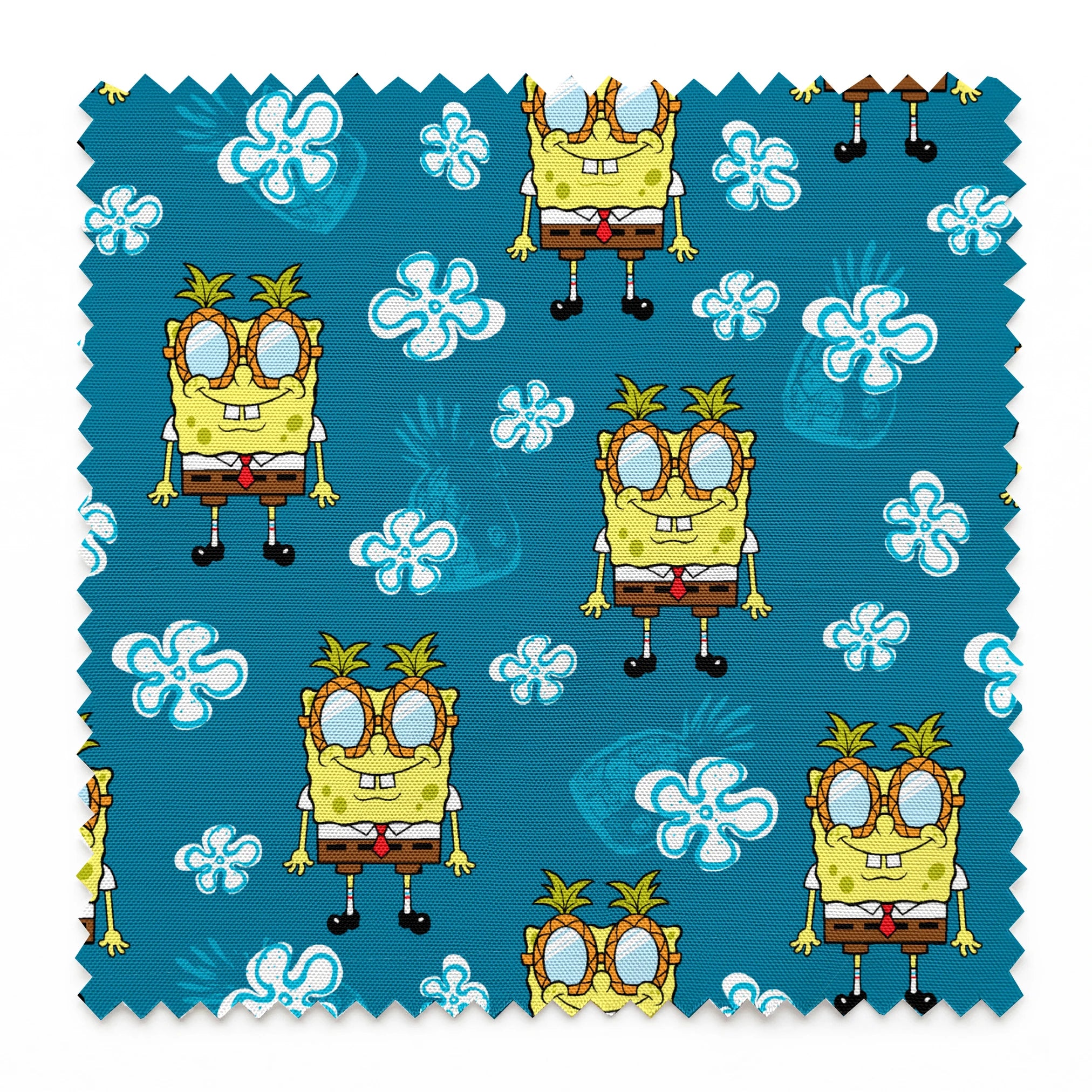 Yellow cartoon character with glasses on teal background with white flower pattern, repeating design springs swatch pinked