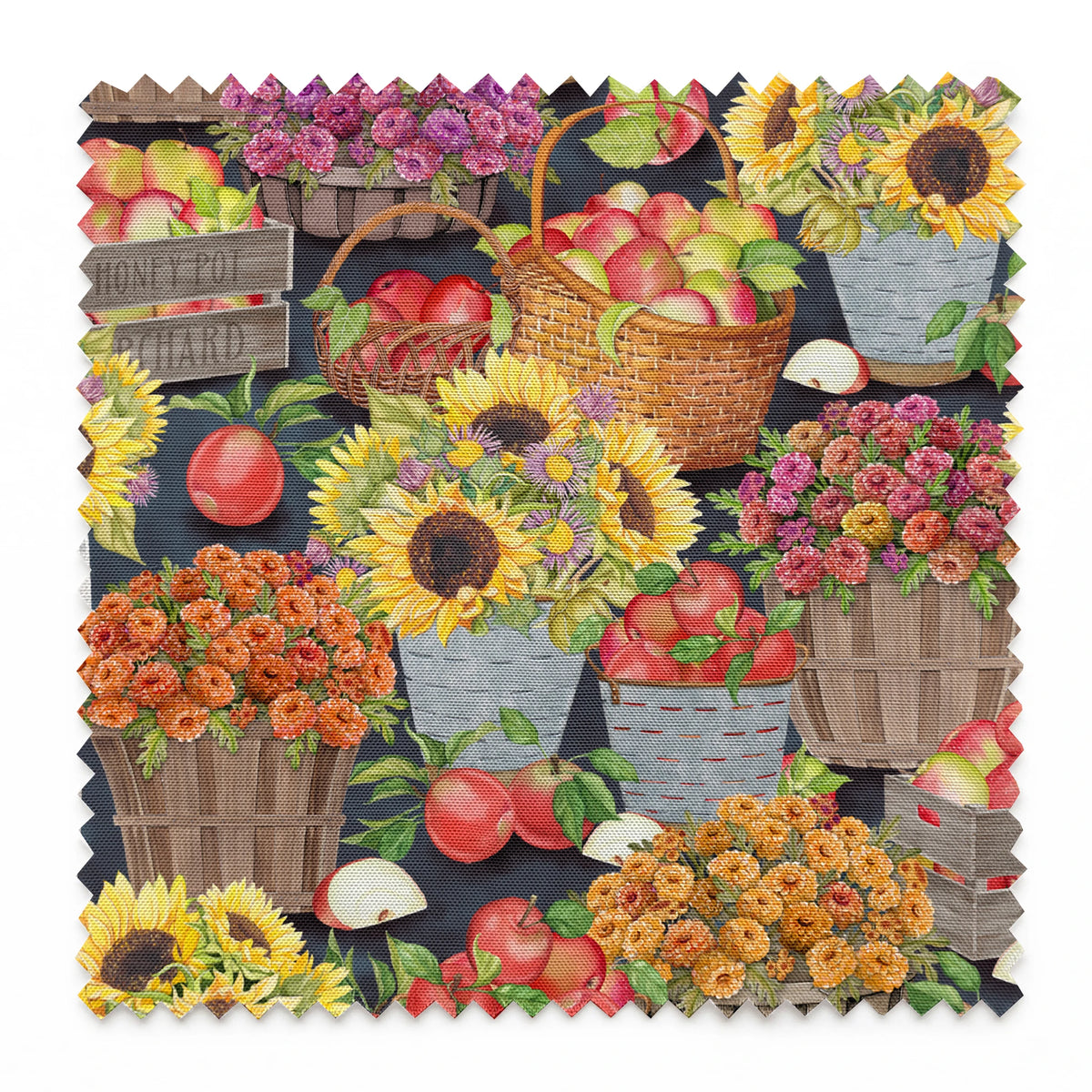 Baskets filled with sunflowers, mums, and apples in a colorful autumn harvest design by Nicole Tamarin. springs swatch pinked