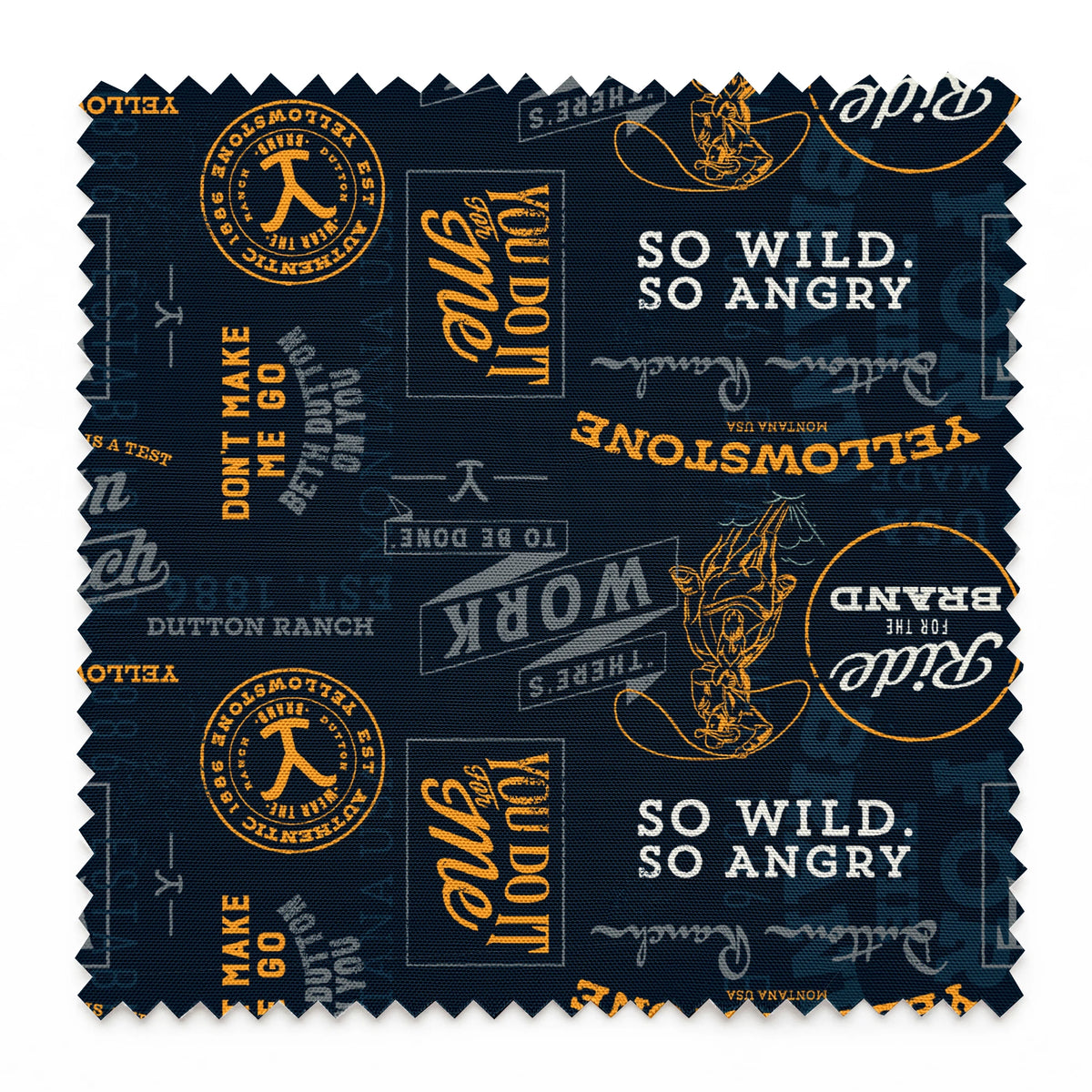 Yellowstone patch design with distressed western typography and quotes in gold and ivory on a black background. springs swatch pinked