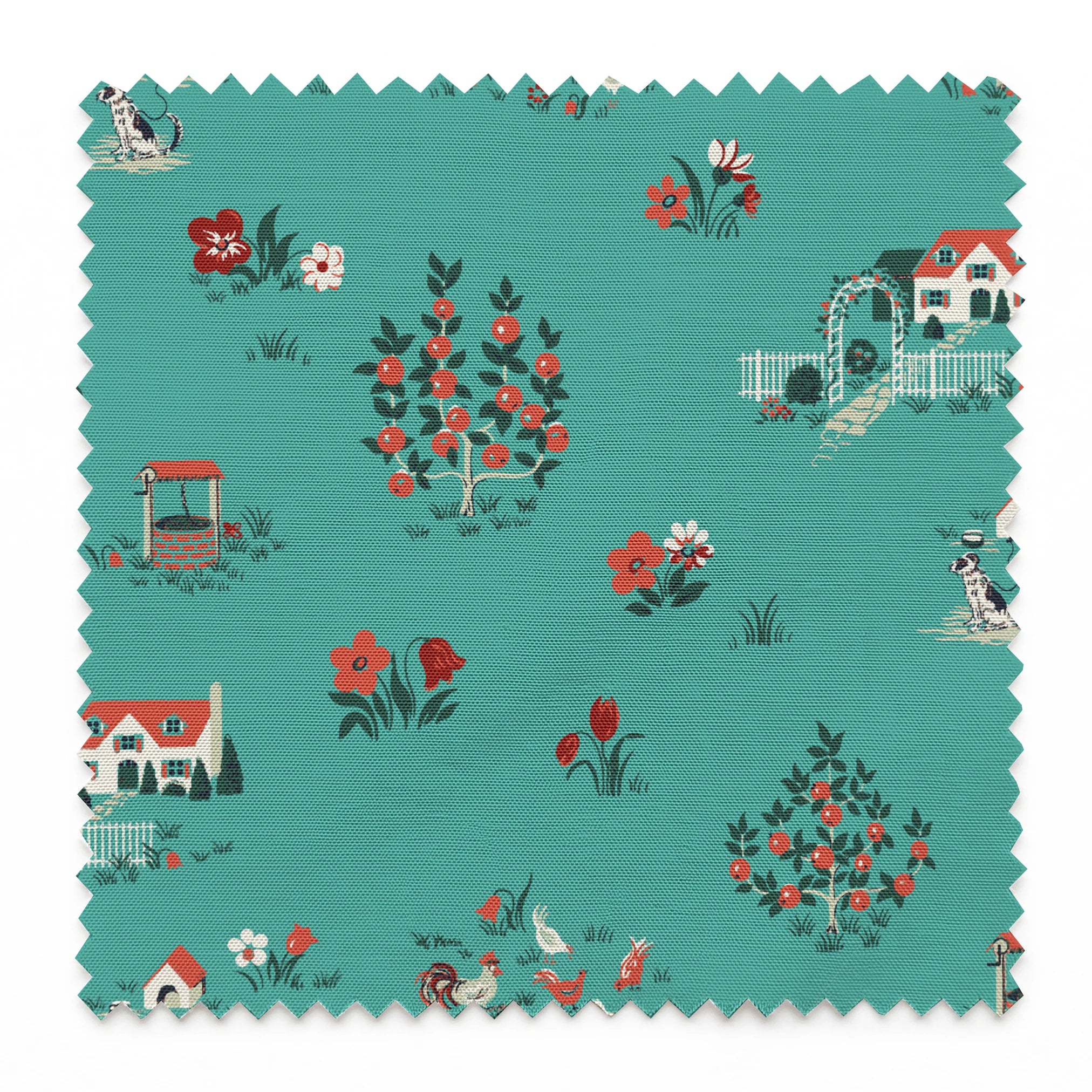 Teal background fabric with vintage cottages, flowers, chickens, and wells in a scattered countryside layout. springs swatch pinked