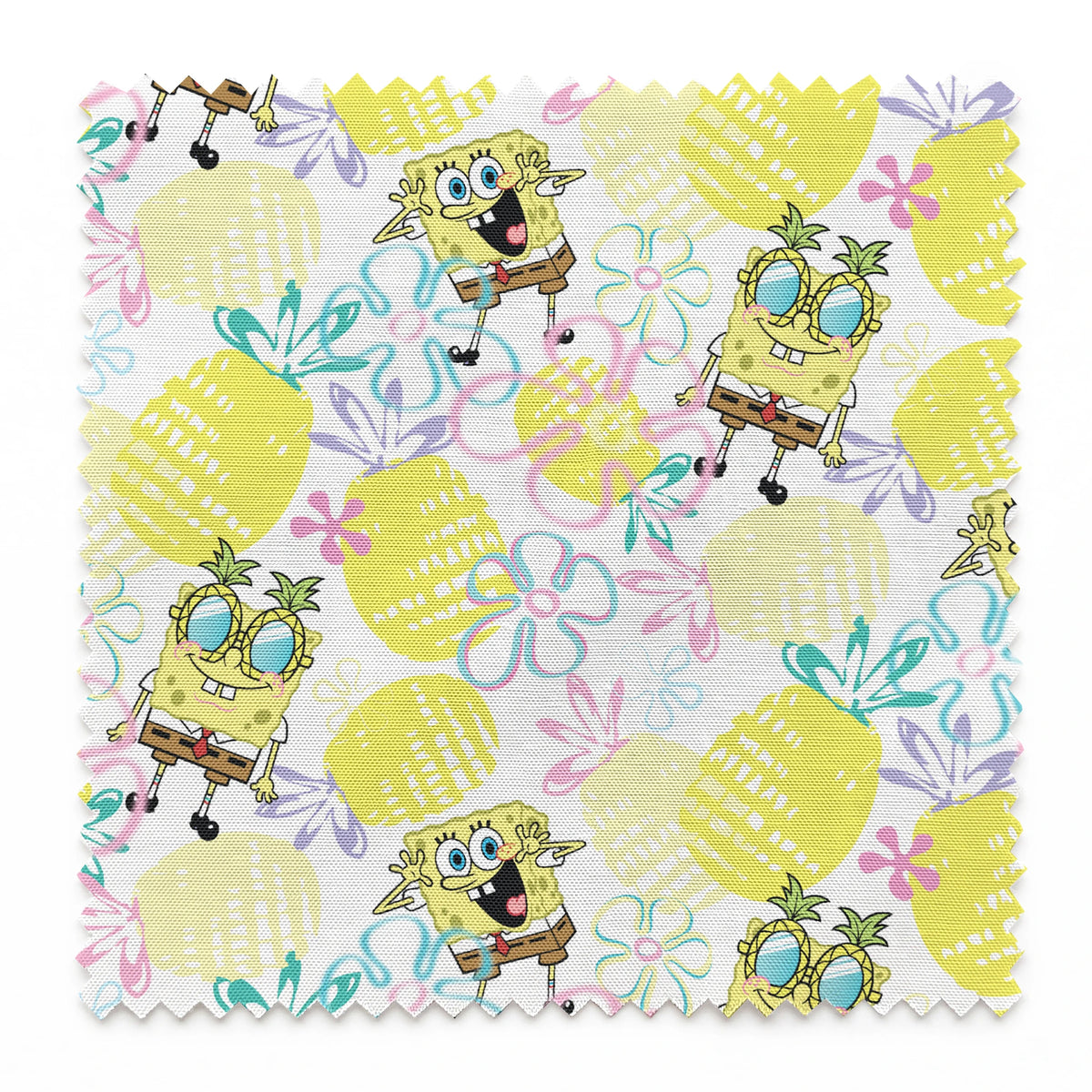 SpongeBob wearing pineapple glasses surrounded by yellow pineapples and pastel floral sketches on a white background in a playful Nickelodeon design. springs swatch pinked