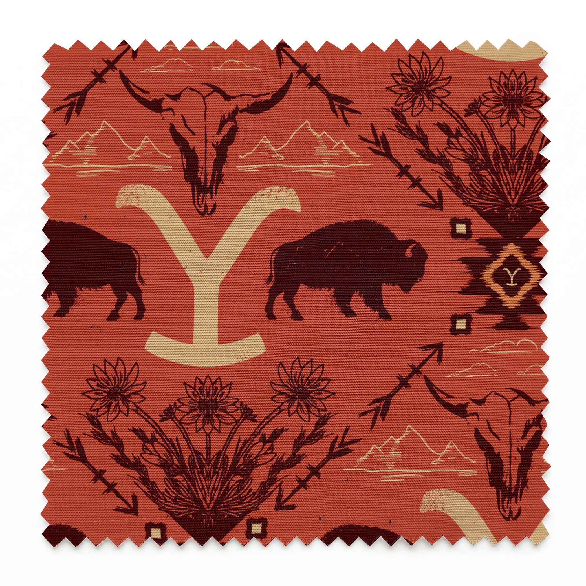 Terracotta and burgundy Yellowstone design with buffalo, skulls, wildflowers, and Western motifs. springs swatch pinked