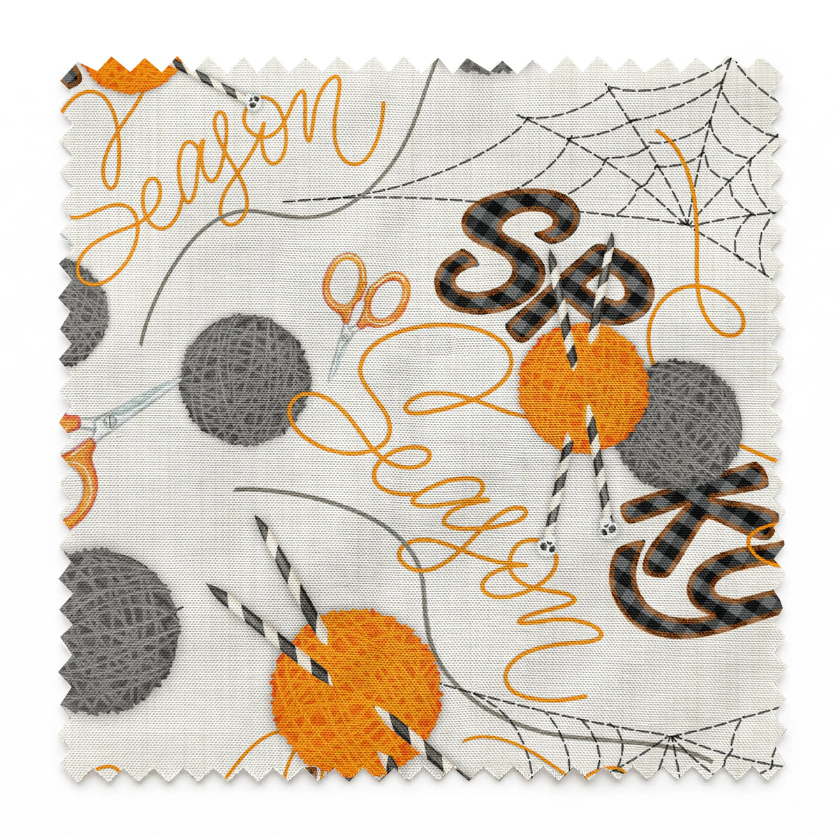 Halloween design by Nicole Tamarin featuring orange and gray yarn balls, scissors, spiderwebs, and “Spooky Season” lettering on a cream background. springs swatch pinked