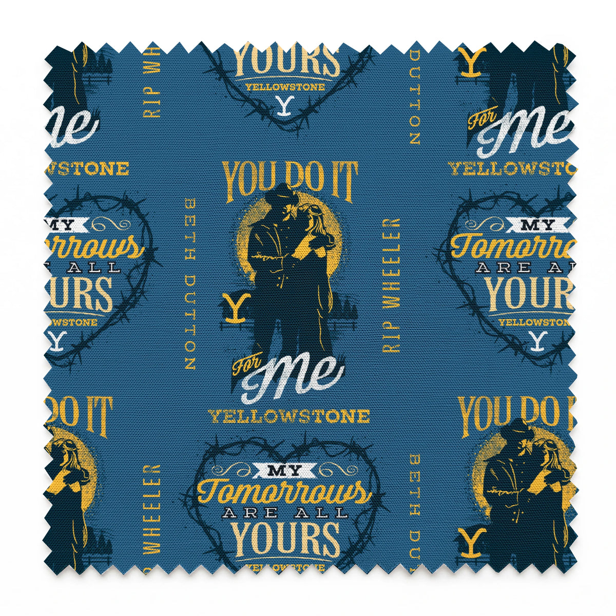 Denim blue fabric with Beth and Rip silhouettes, romantic Yellowstone quotes, and Western-style lettering in mustard and white. springs swatch pinked