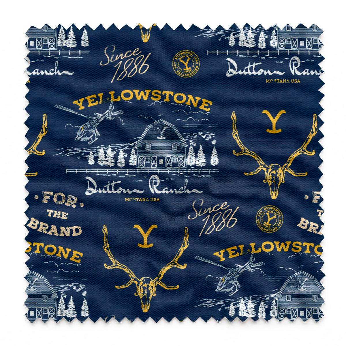 Yellowstone-themed pattern with Dutton Ranch logos, deer antlers, and "Y" branding on navy blue background springs swatch pinked