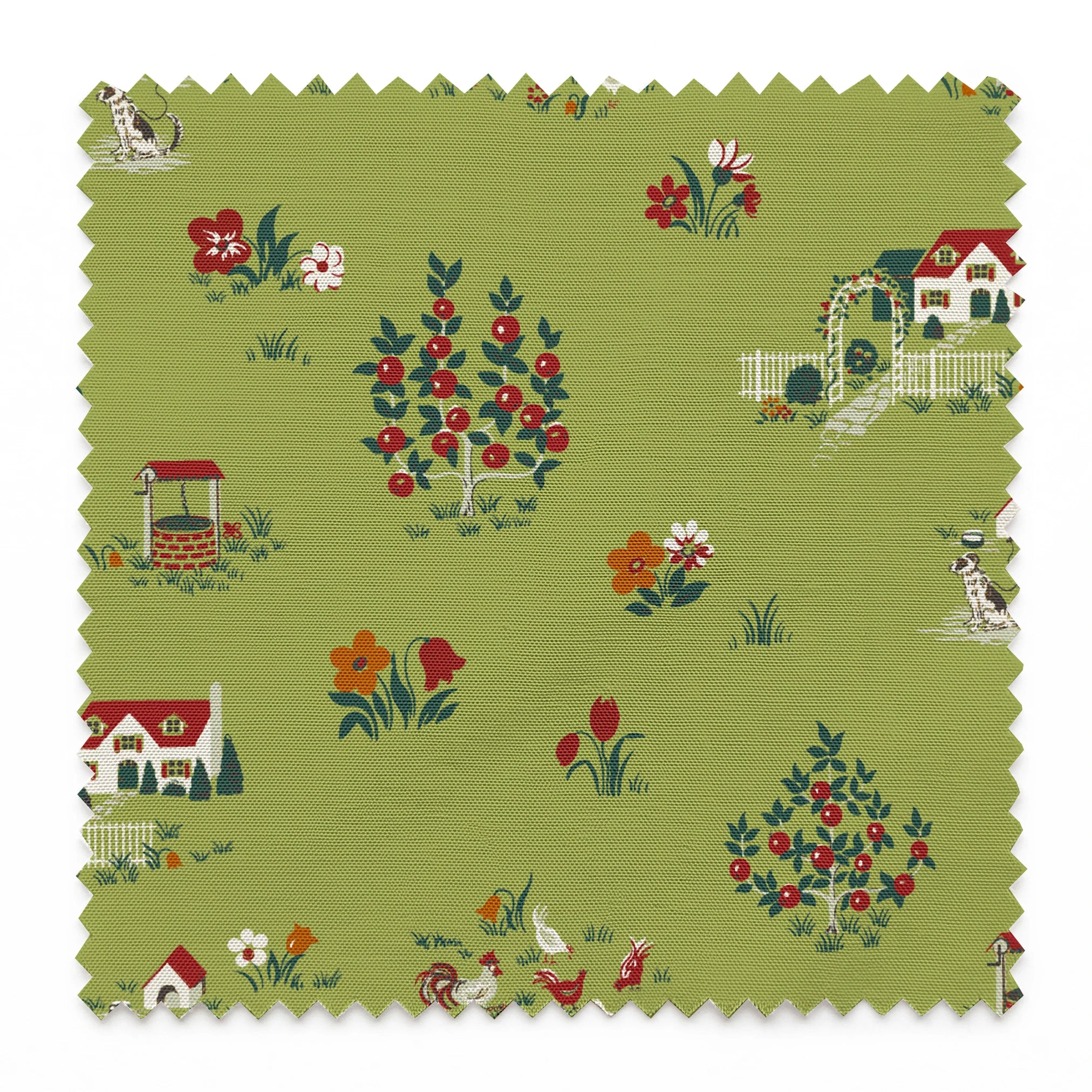 Scenic cottage garden design with vintage houses, flowers, and animals on olive green springs swatch pinked