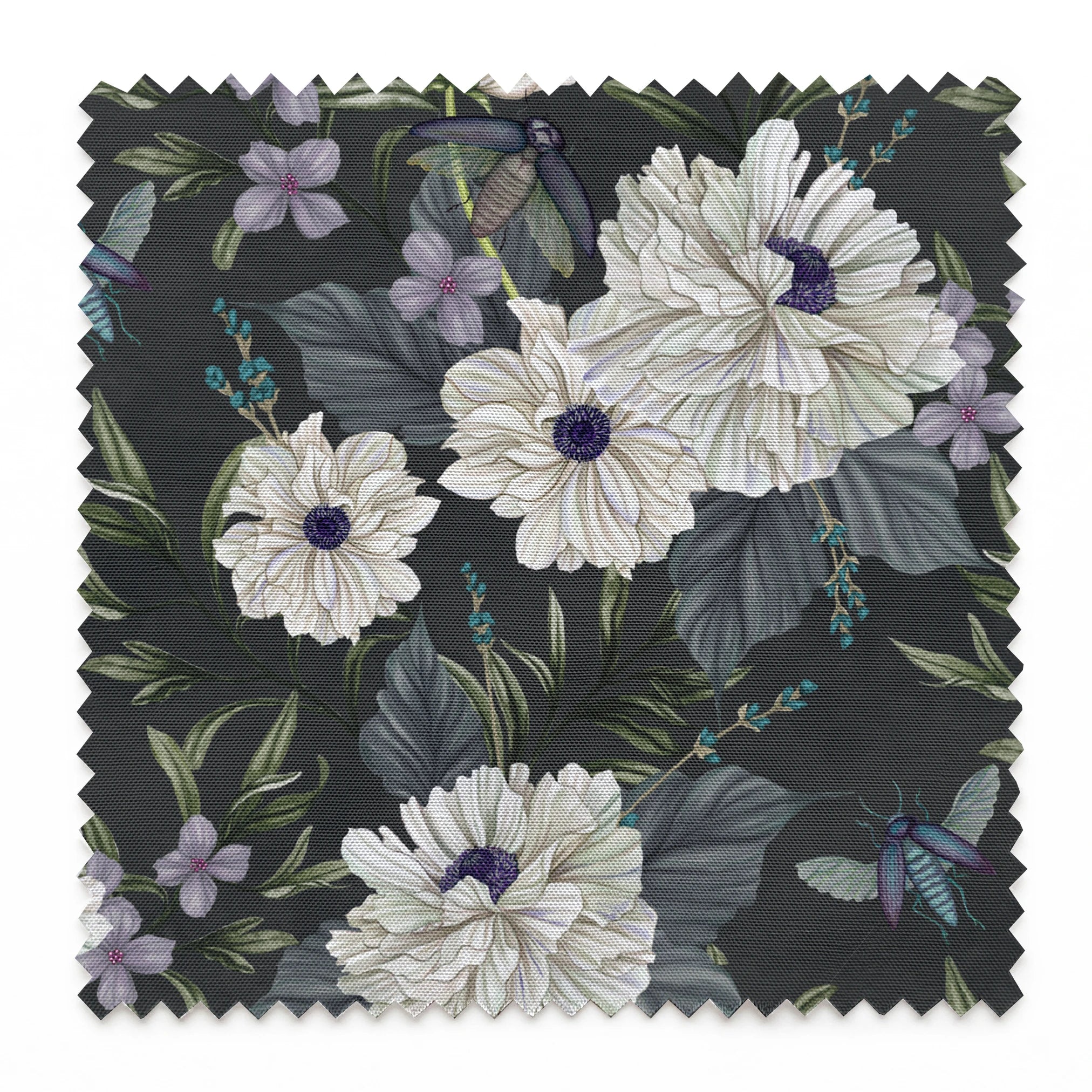 Ivory flowers with purple centers, beetles, and greenery illustrated on a dark charcoal background in a floral pattern by Nicole Tamarin. springs swatch pinked