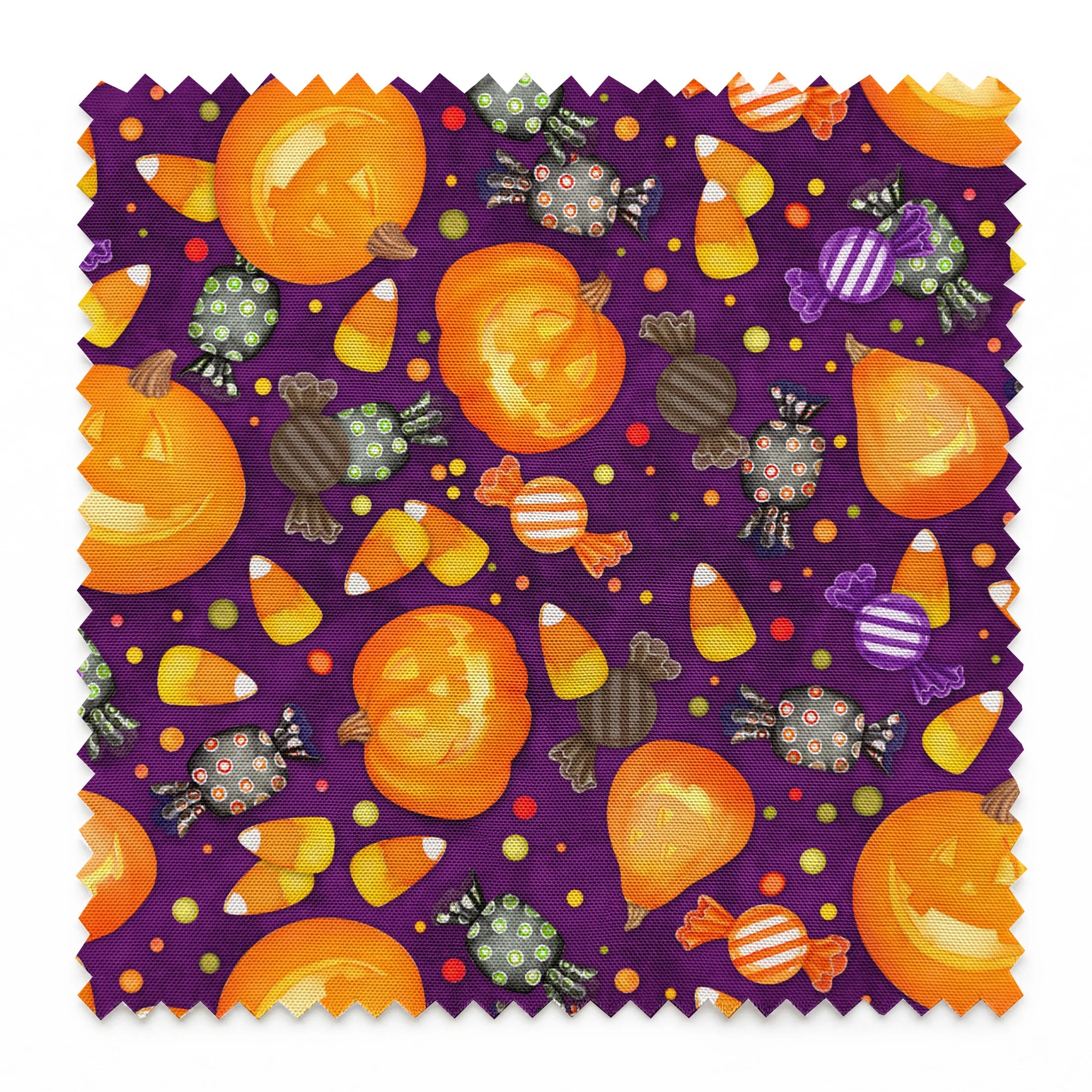 Playful Halloween fabric design by Nicole Tamarin featuring smiling jack-o’-lanterns, wrapped candies, and candy corn scattered across a purple background. springs swatch pinked