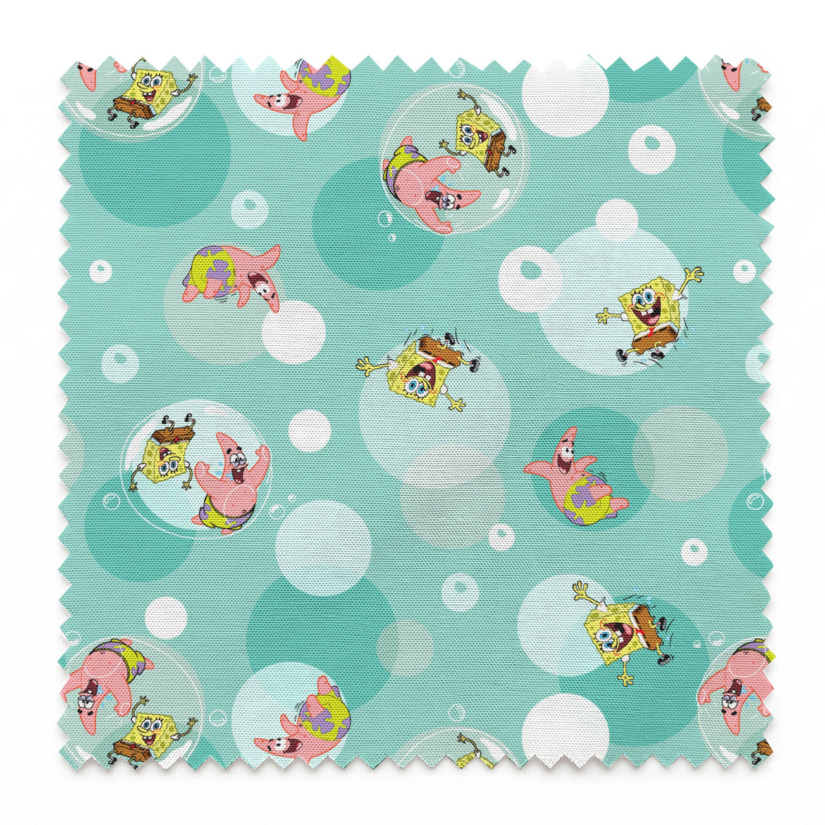 SpongeBob and Patrick floating in transparent bubbles across a seafoam green background with layered circle accents. springs swatch pinked