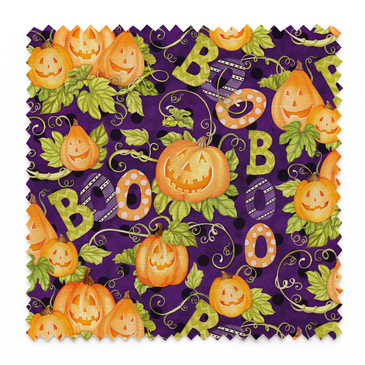 Halloween fabric by Nicole Tamarin with smiling jack-o’-lanterns, “BOO” text, vines, and leaves on a purple background. springs swatch pinked