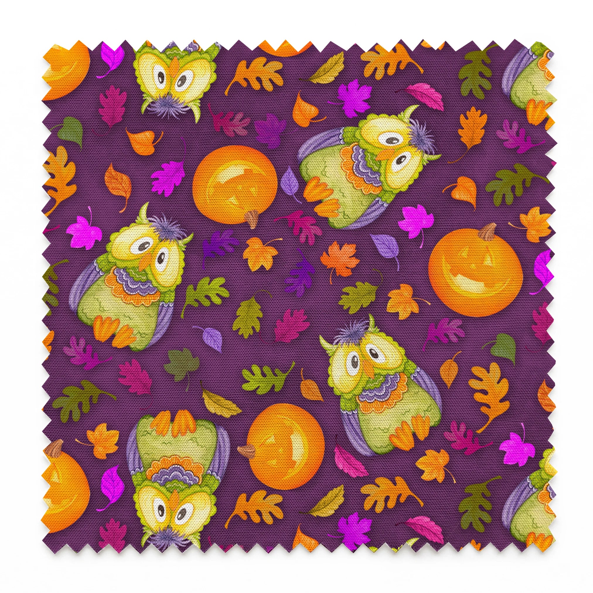 Halloween fabric by Nicole Tamarin featuring cartoon owls in costume, jack-o’-lanterns, and colorful fall leaves on a purple background. springs swatch pinked