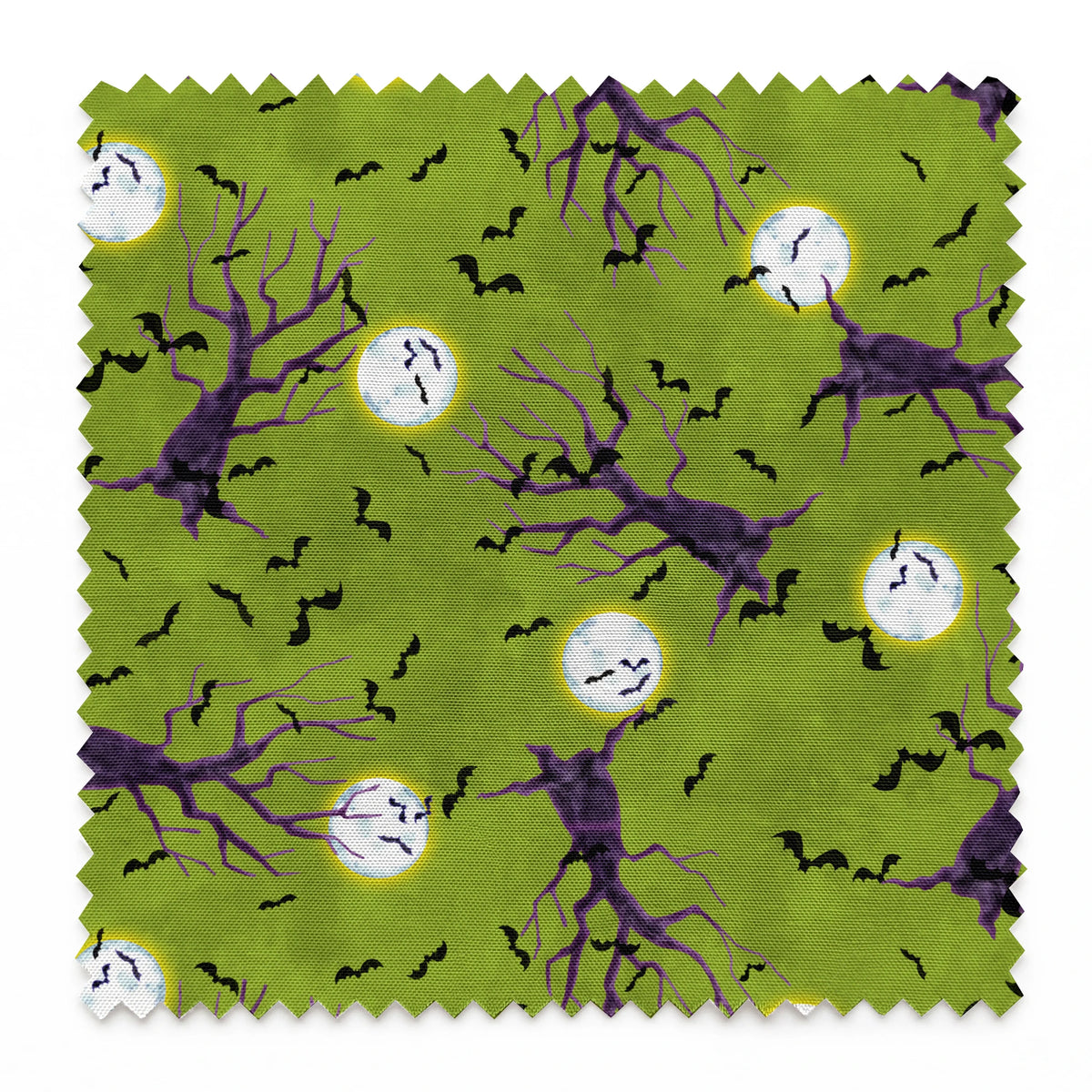 Halloween fabric design with purple haunted trees, bats, and glowing moons on a green background, illustrated by Nicole Tamarin. springs swatch pinked