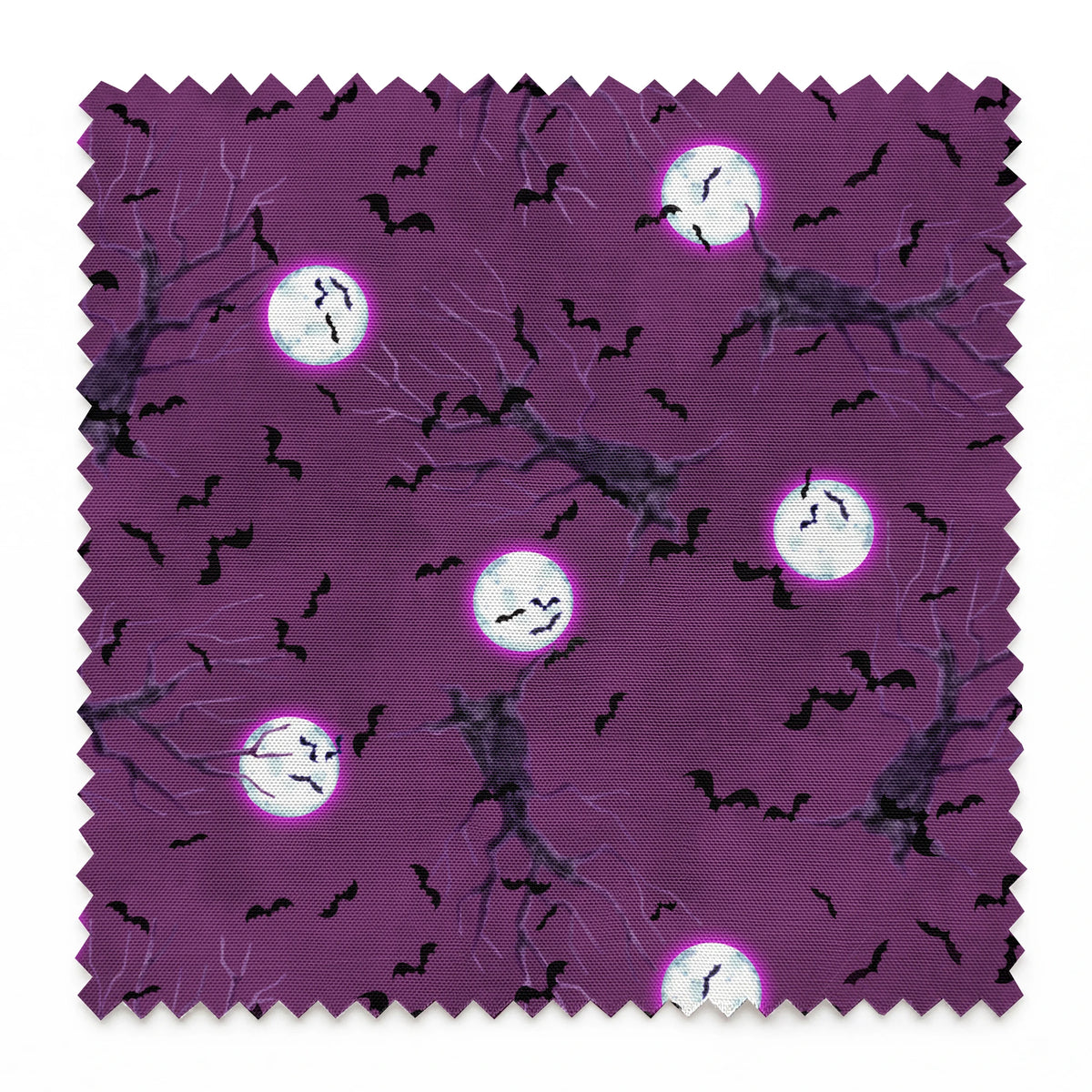 Halloween fabric design with spooky trees, bats, and glowing full moons on a purple background, illustrated by Nicole Tamarin. springs swatch pinked
