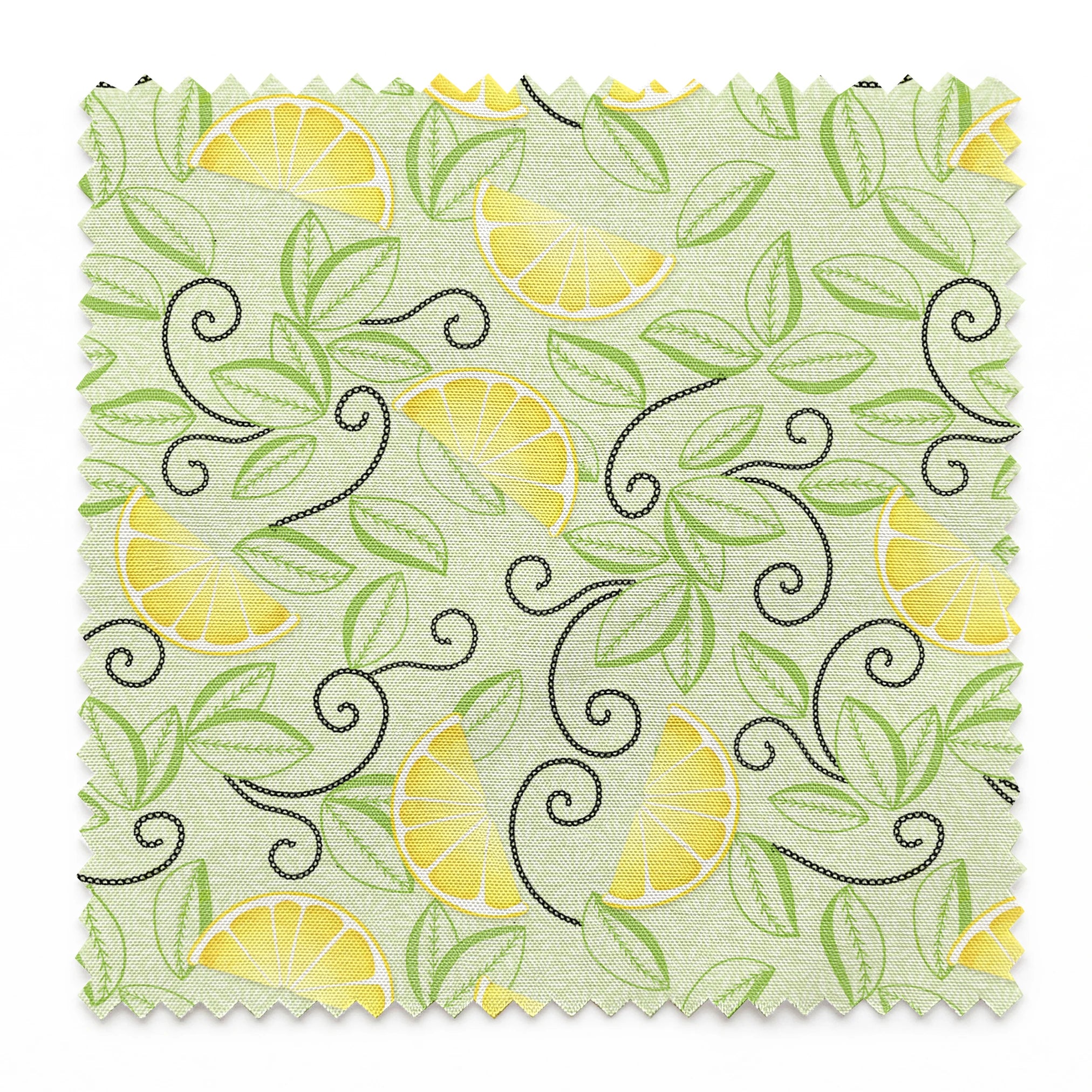 Yellow lemon slices with swirling green leaves on a soft green background in a playful, fresh layout. springs swatch pinked