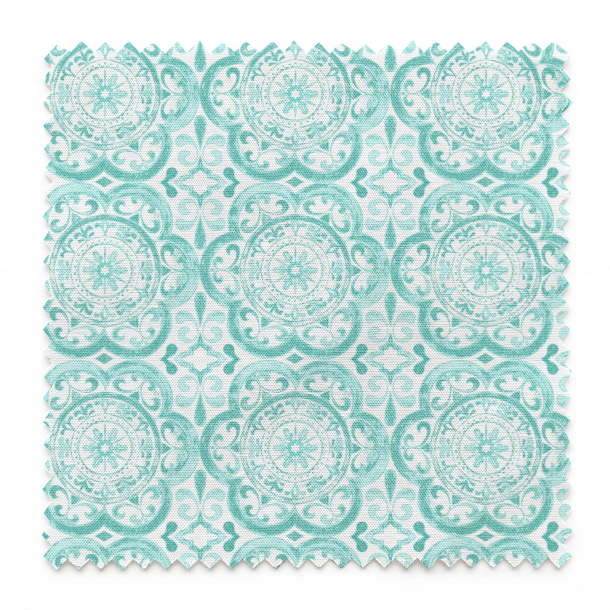 Teal medallion tile-inspired design with intricate floral and scroll details by Nicole Tamarin, from the Squeeze the Day collection. springs swatch pinked