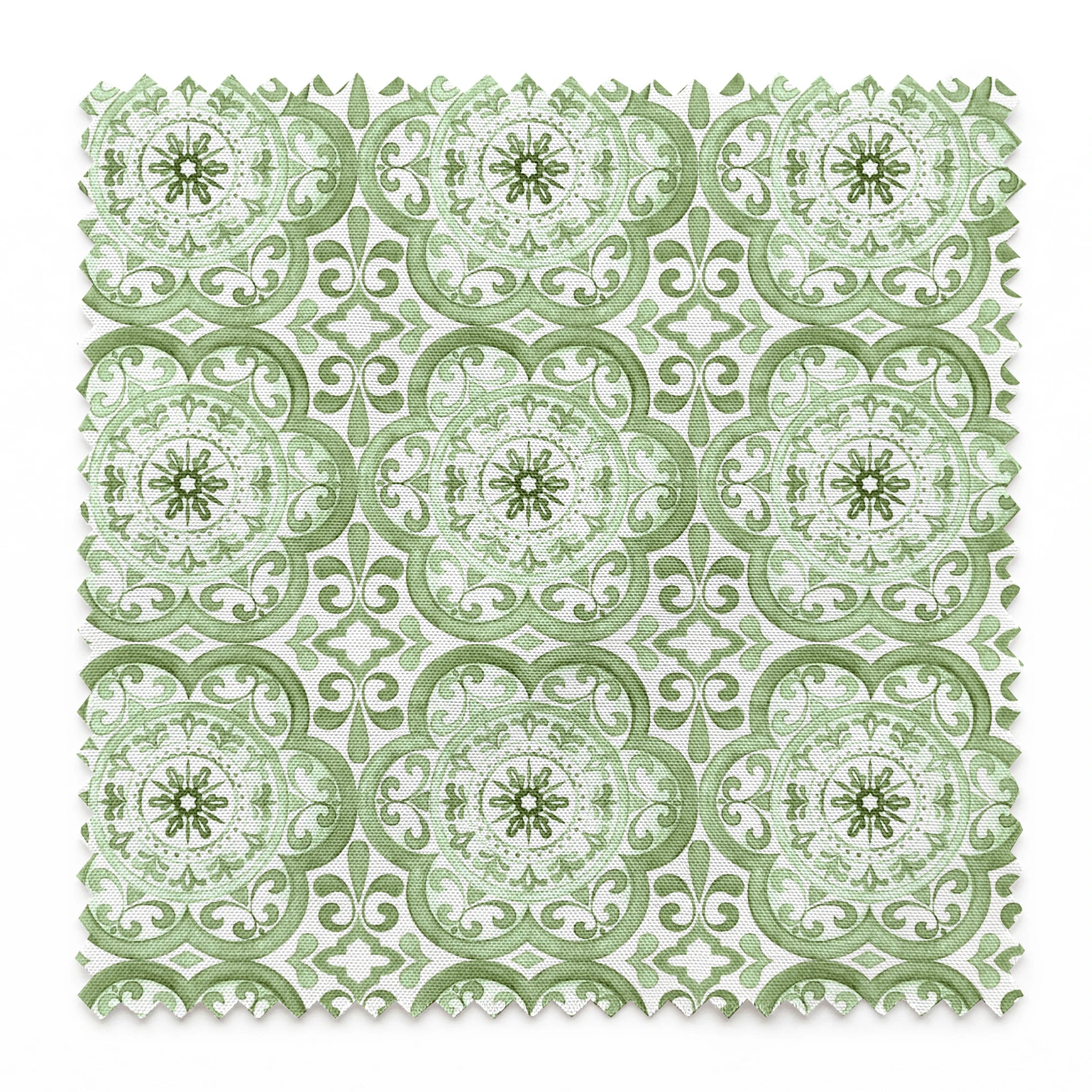 Green medallion tile-inspired pattern by Nicole Tamarin, featuring ornate floral details in a repeating square layout. springs swatch pinked