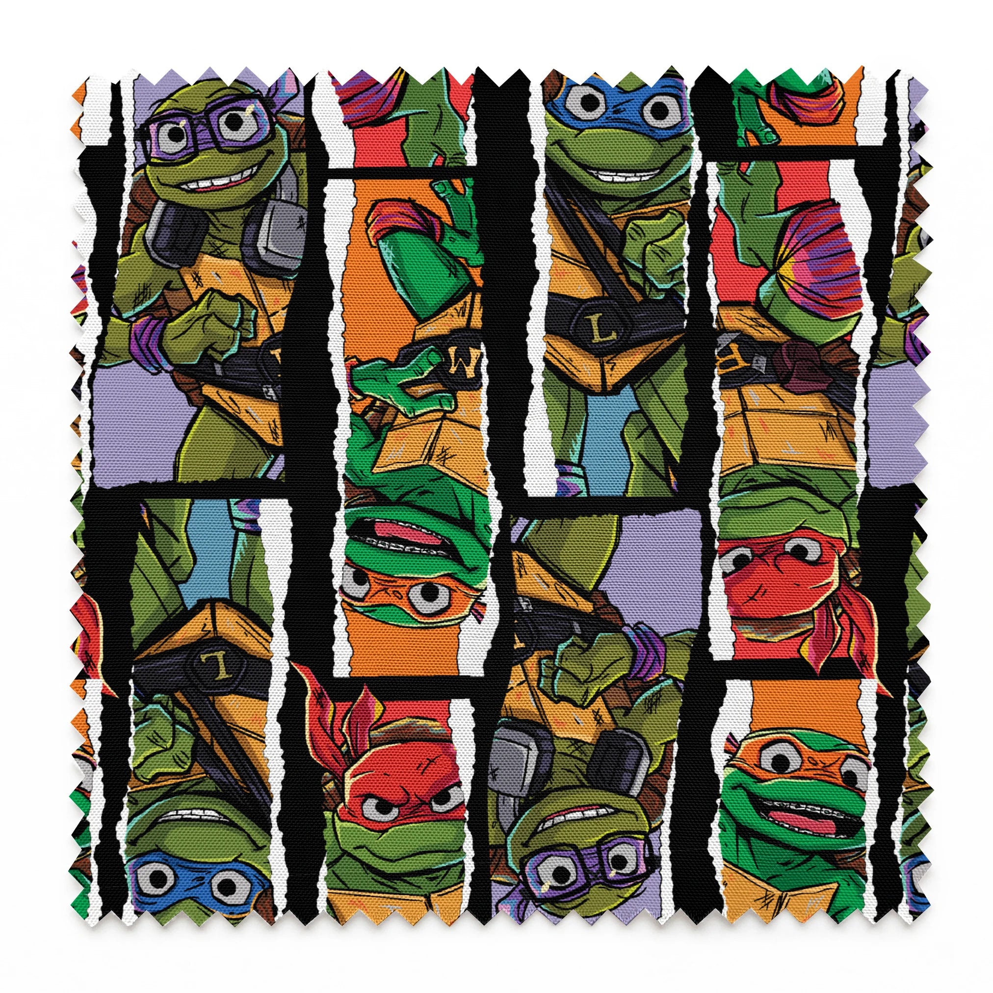 Teenage Mutant Ninja Turtles torn panel design with Leonardo, Donatello, Michelangelo, and Raphael in colorful comic-style art by Nickelodeon. springs swatch pinked