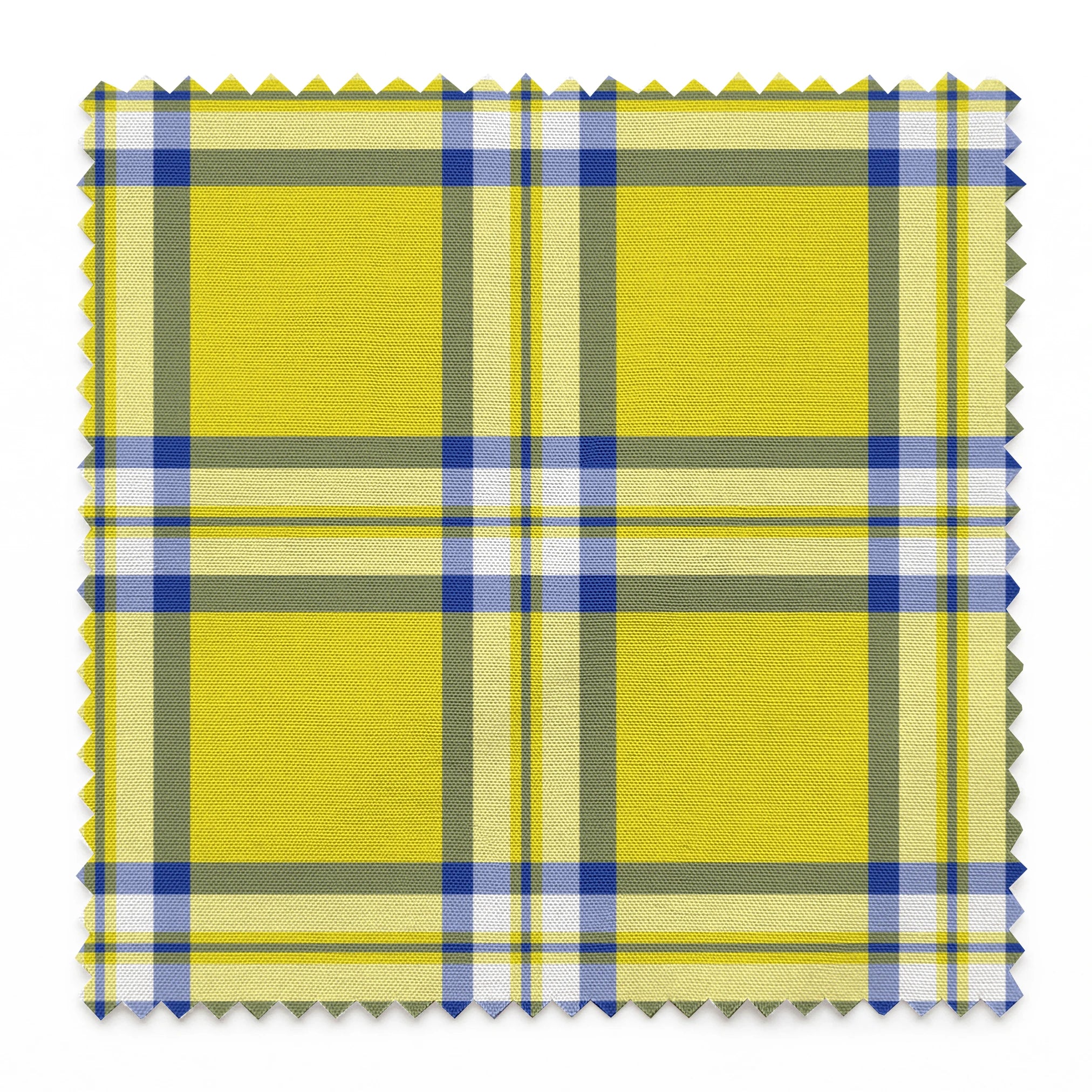 Officially licensed Clueless yellow plaid with white, olive green, and blue stripes, inspired by Cher Horowitz’s iconic outfit. springs swatch pinked