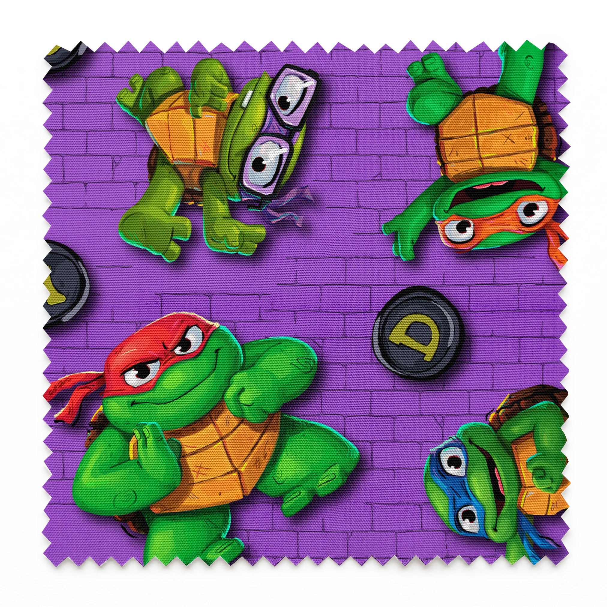 Teenage Mutant Ninja Turtles characters on a purple brick background with lettered manhole covers. springs swatch pinked