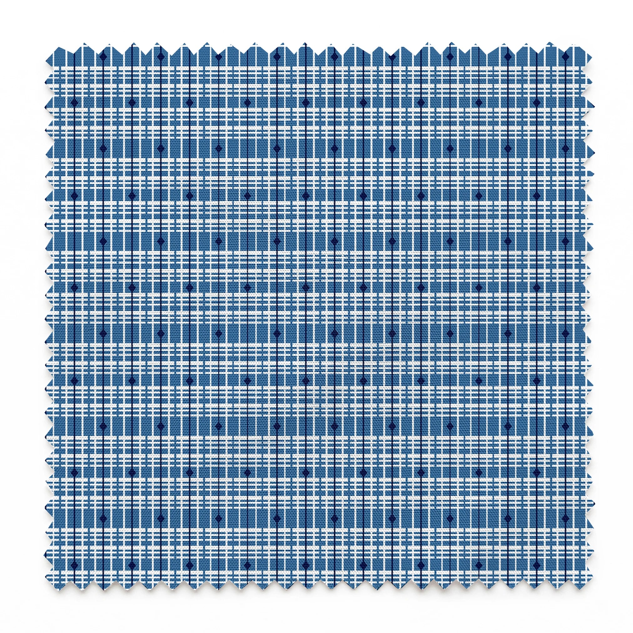 Blue and white plaid pattern with thin grid lines in various shades of blue on light background springs swatch pinked