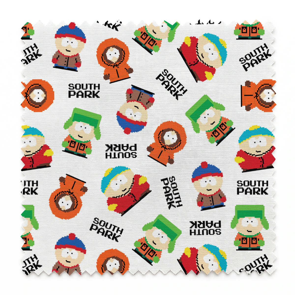 Pixel art versions of Stan, Kyle, Cartman, and Kenny with the South Park logo in black, tossed on a white background in various rotations. springs swatch pinked