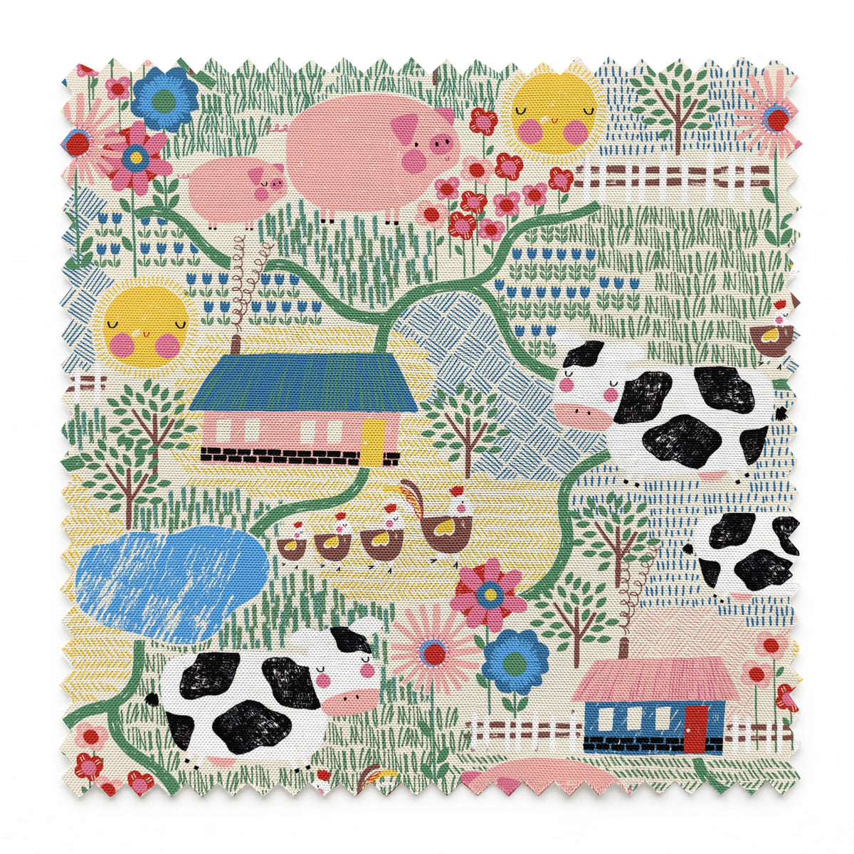 Colorful farm illustration with pink pigs, spotted cows, flowers, and small houses on textured ba... springs swatch pinked