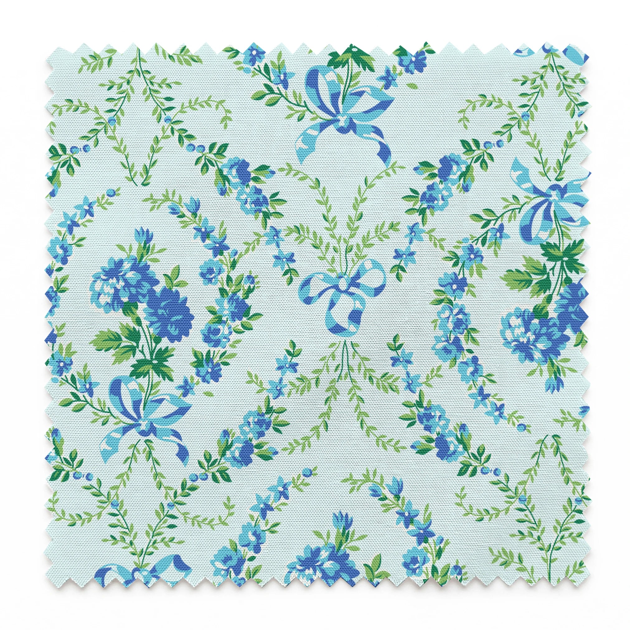 Blue floral pattern with diamond lattice design featuring delicate ribbons and green foliage on light background springs swatch pinked