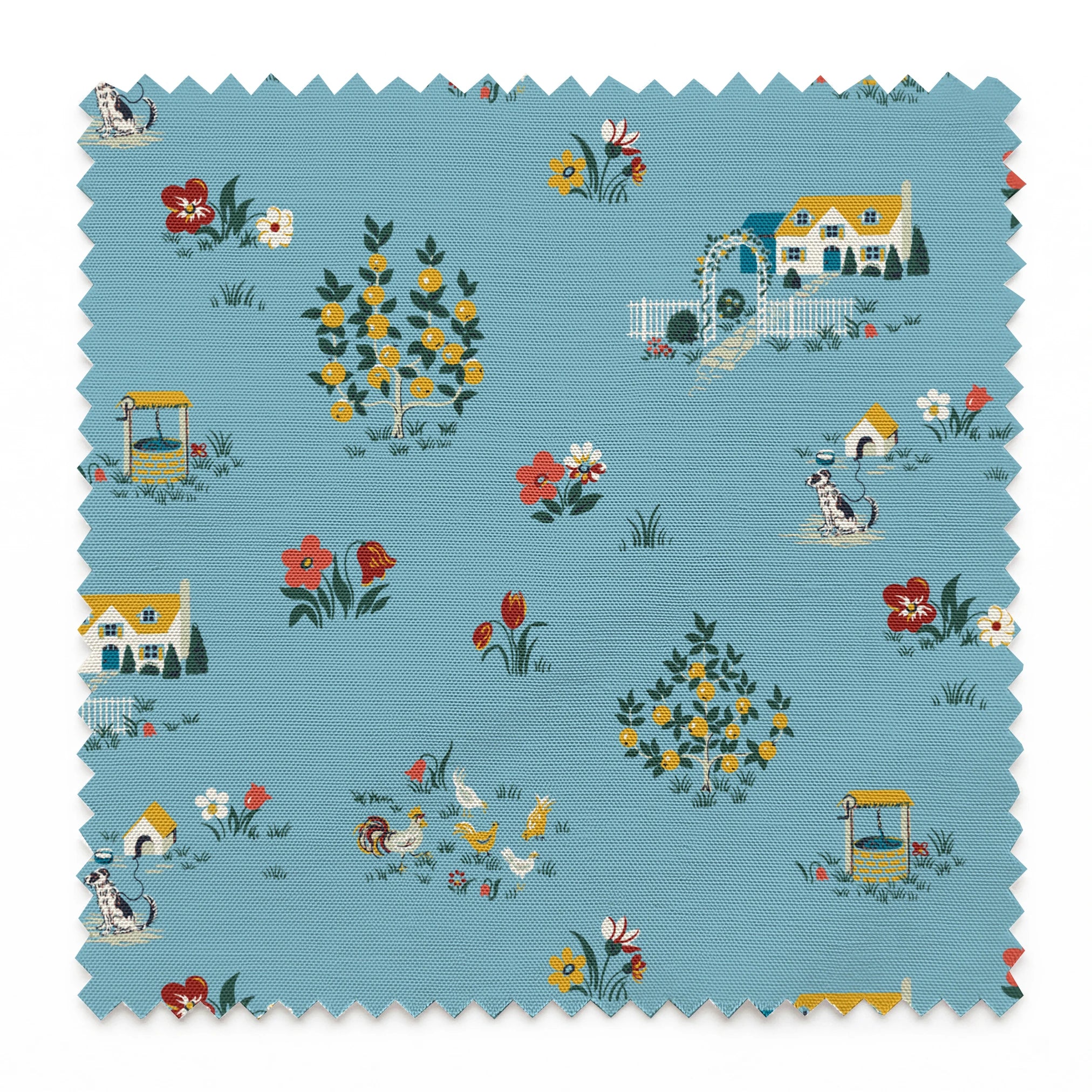 Blue-gray background with repeating folk art pattern of small cottages, white geese, floral clusters, and colorful tulips in yellow and red. springs swatch pinked