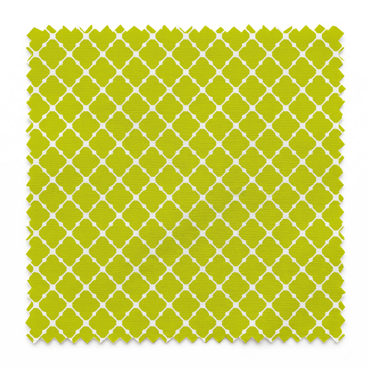 Chartreuse green quatrefoil pattern on white background, forming a geometric lattice design springs swatch pinked