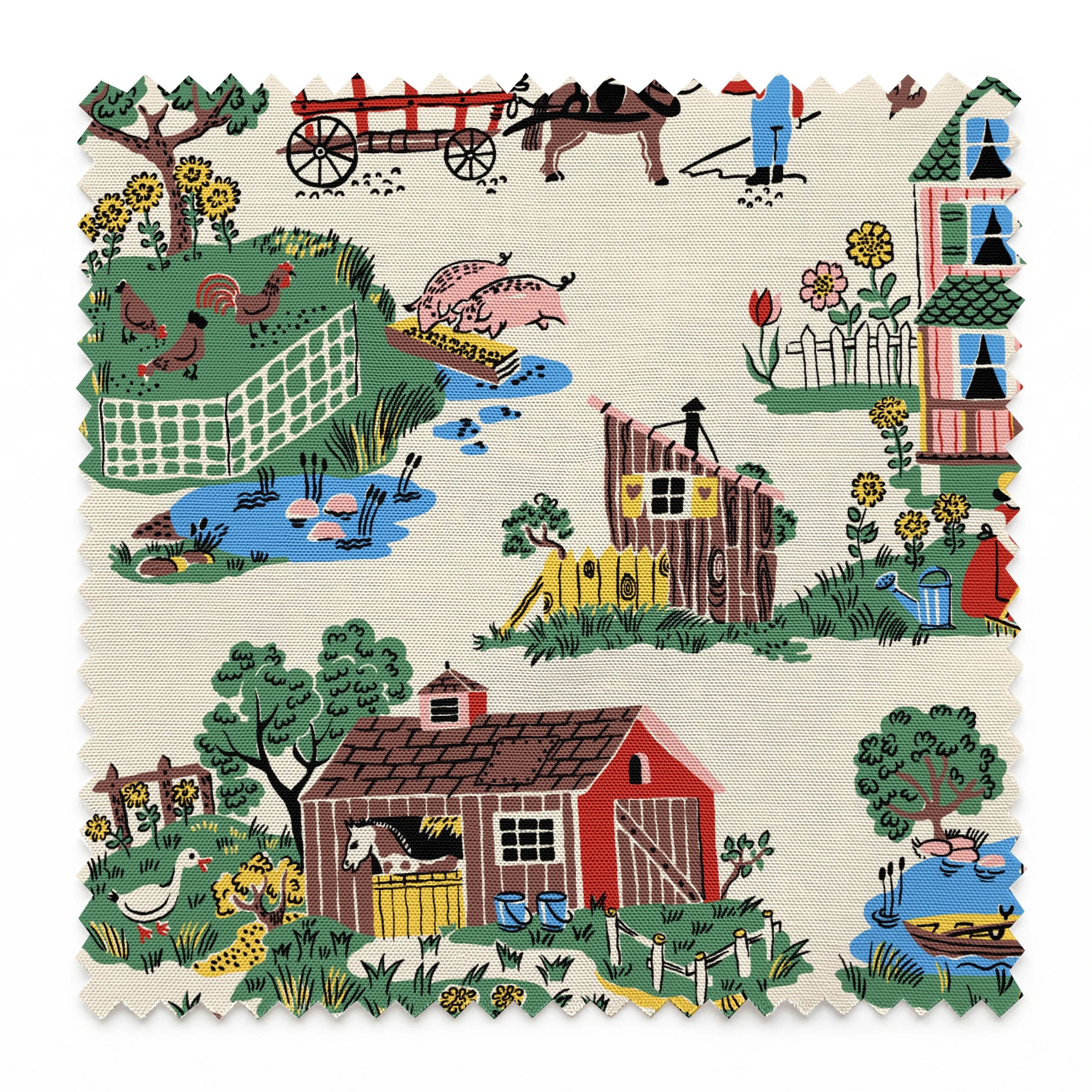 Colorful folk art illustration of country scenes with pink farmhouse, barns, and rural activities springs swatch pinked