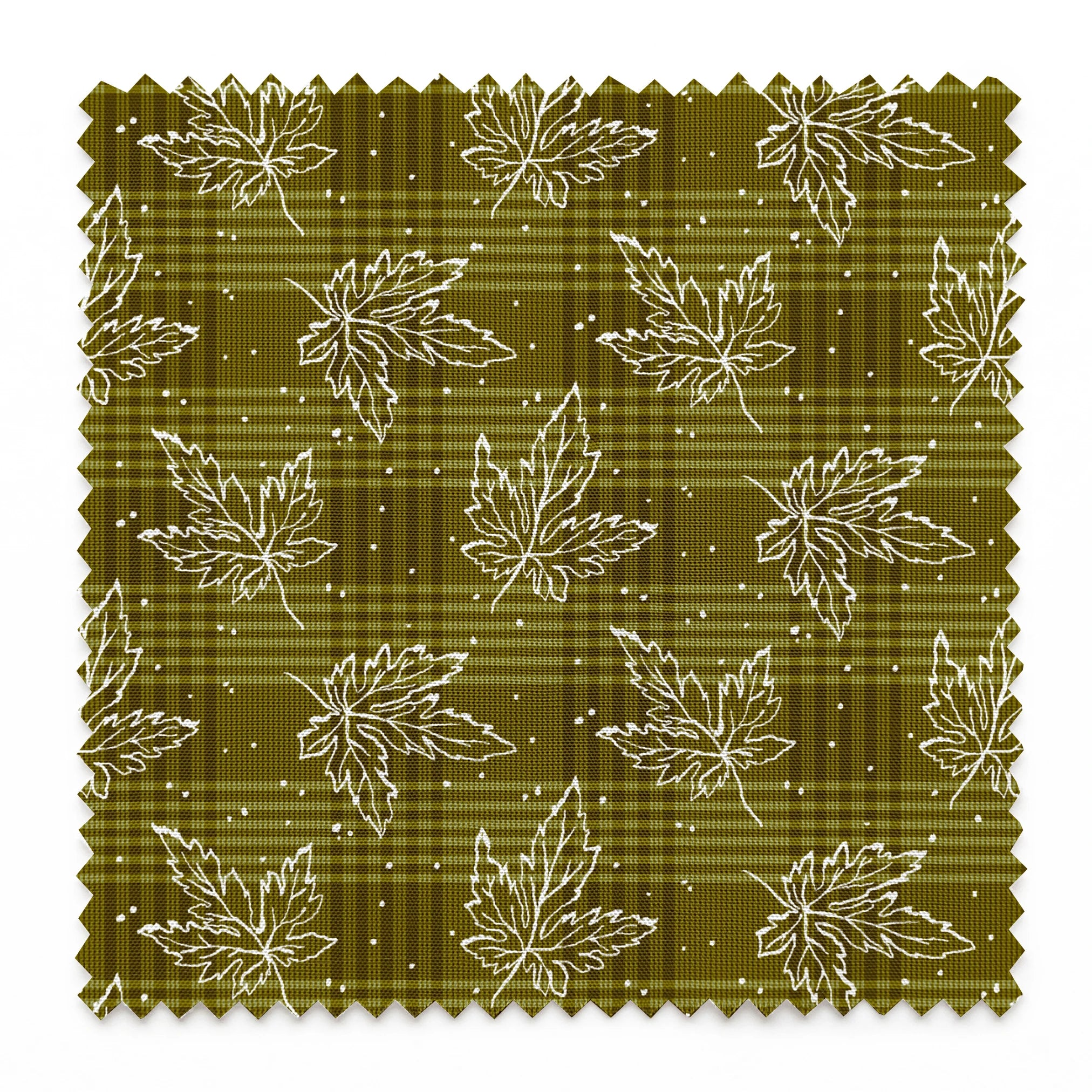 Olive green plaid pattern with scattered white outline maple leaves and small dots springs swatch pinked