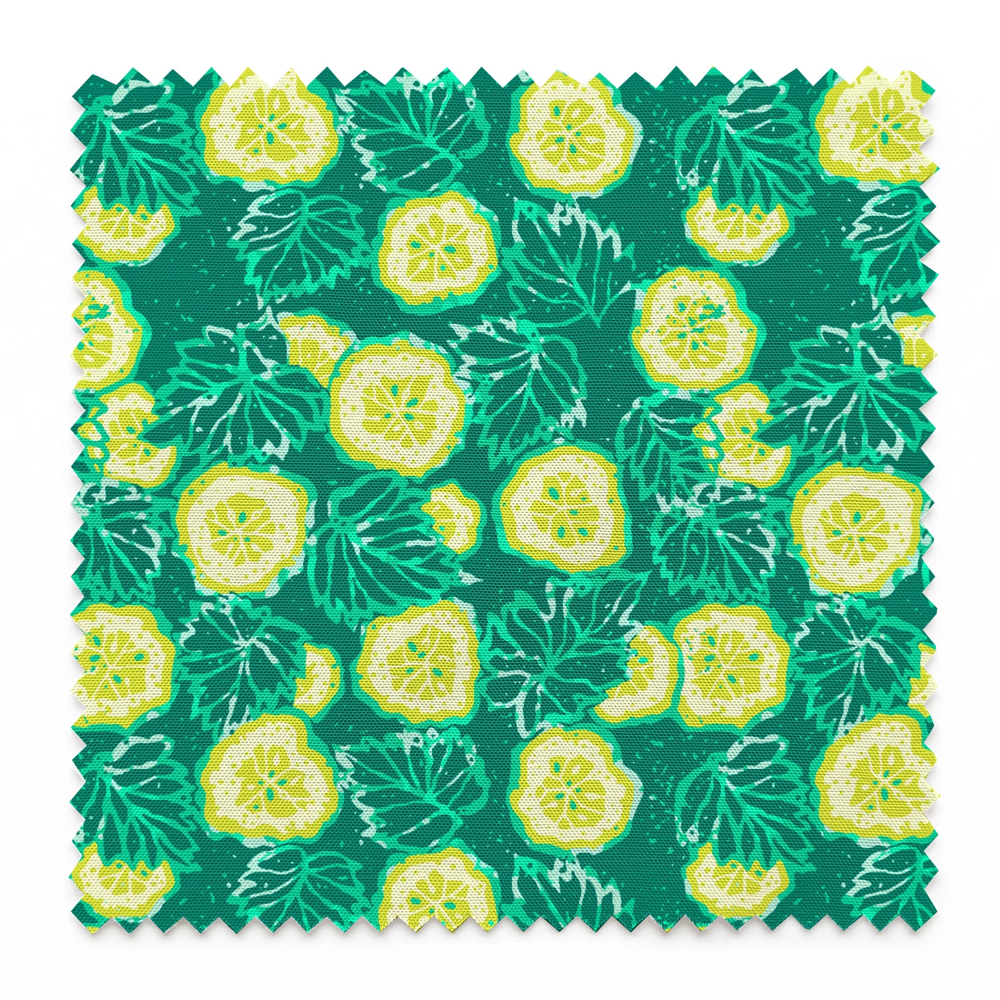 Vibrant green background with yellow cucumber slices and light green leafy patterns springs swatch pinked