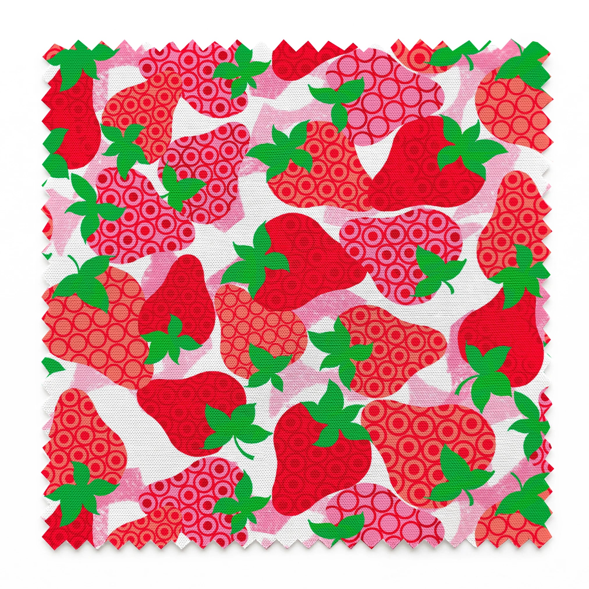 Colorful pattern of red strawberries with varied decorative patterns and green leaves on pink bac... springs swatch pinked