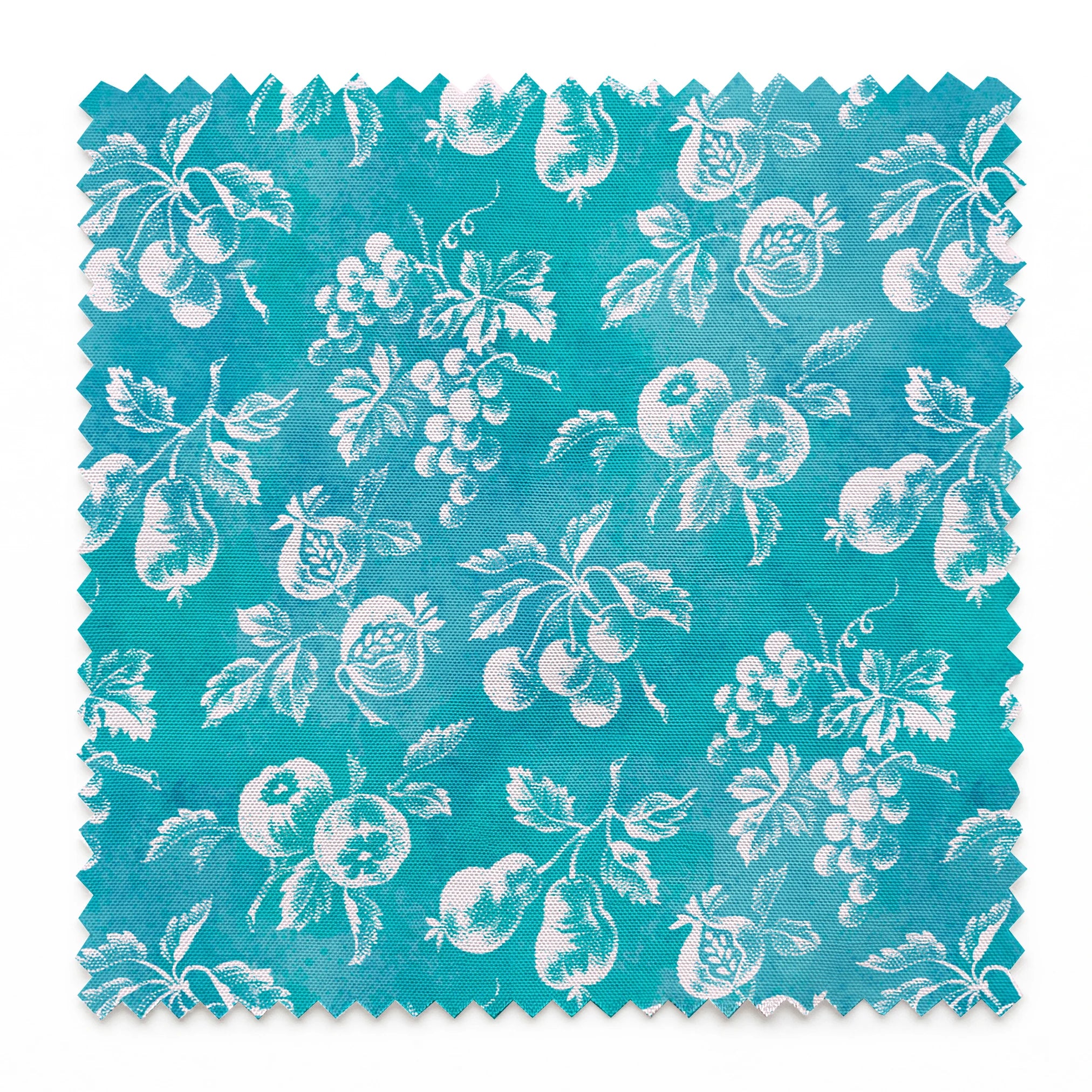 Teal background with white vintage fruit pattern featuring cherries, grapes, and pears springs swatch pinked